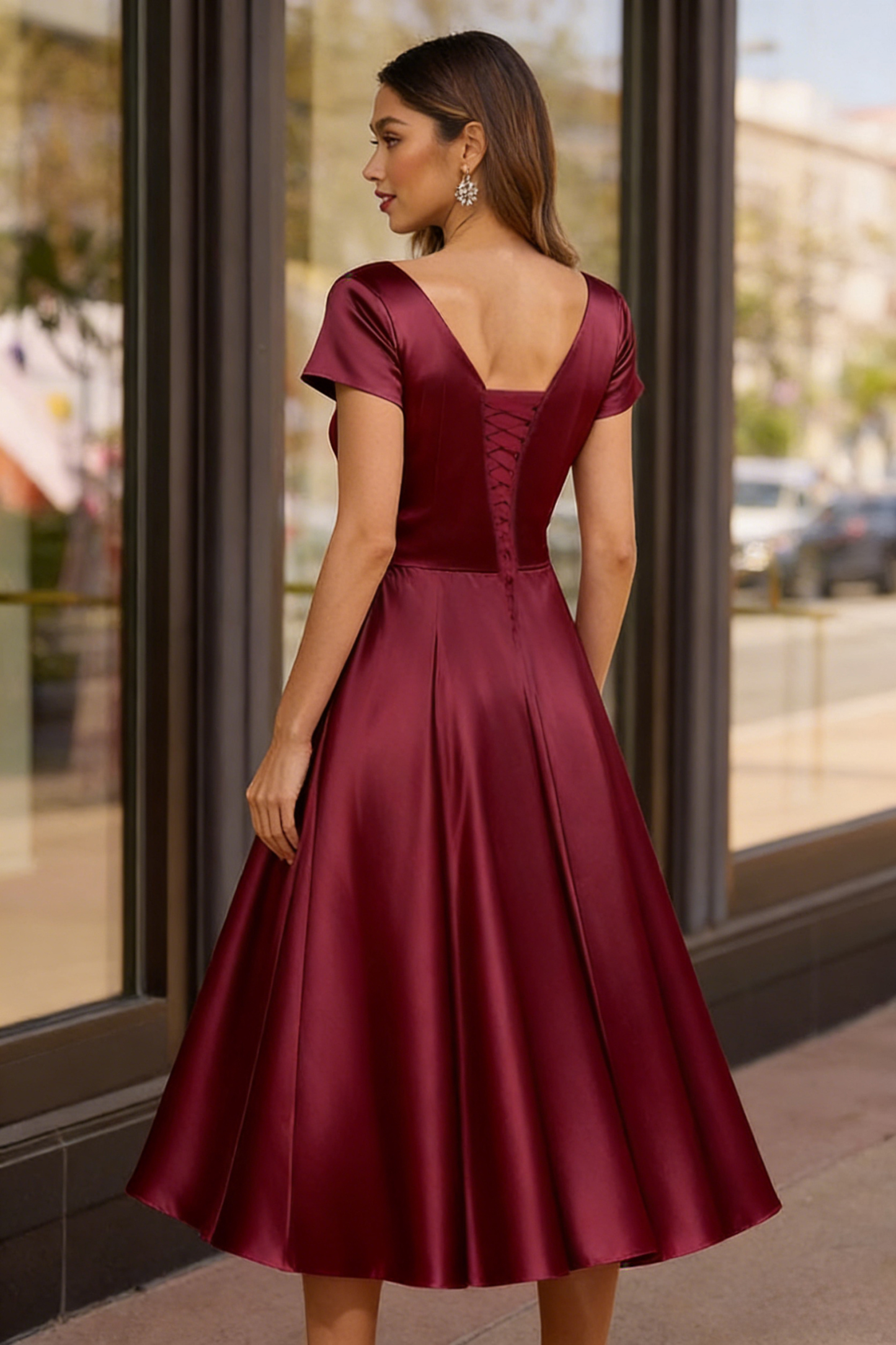 Satin Tea Length Short Sleeves Mother of the Bride Dress