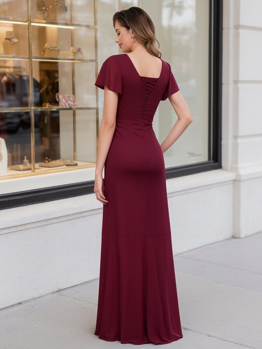 Chiffon Ruffles Short Sleeves Mother of the Bride Dress with Slit