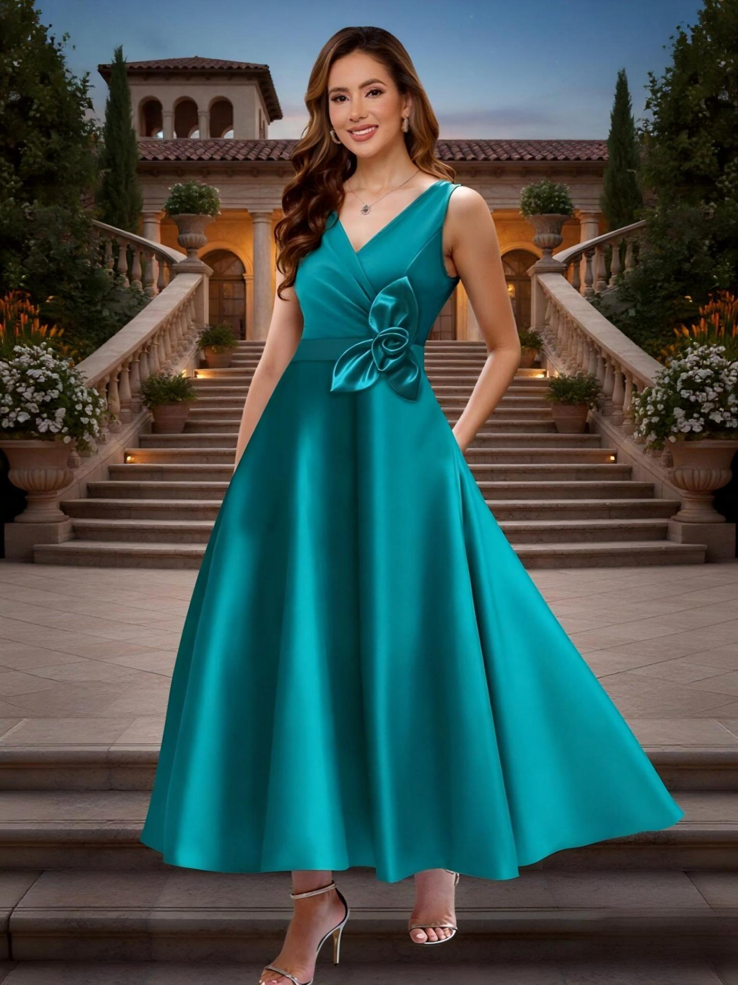 V Neck Satin Floral Sleeveless Mother of the Bride Dress