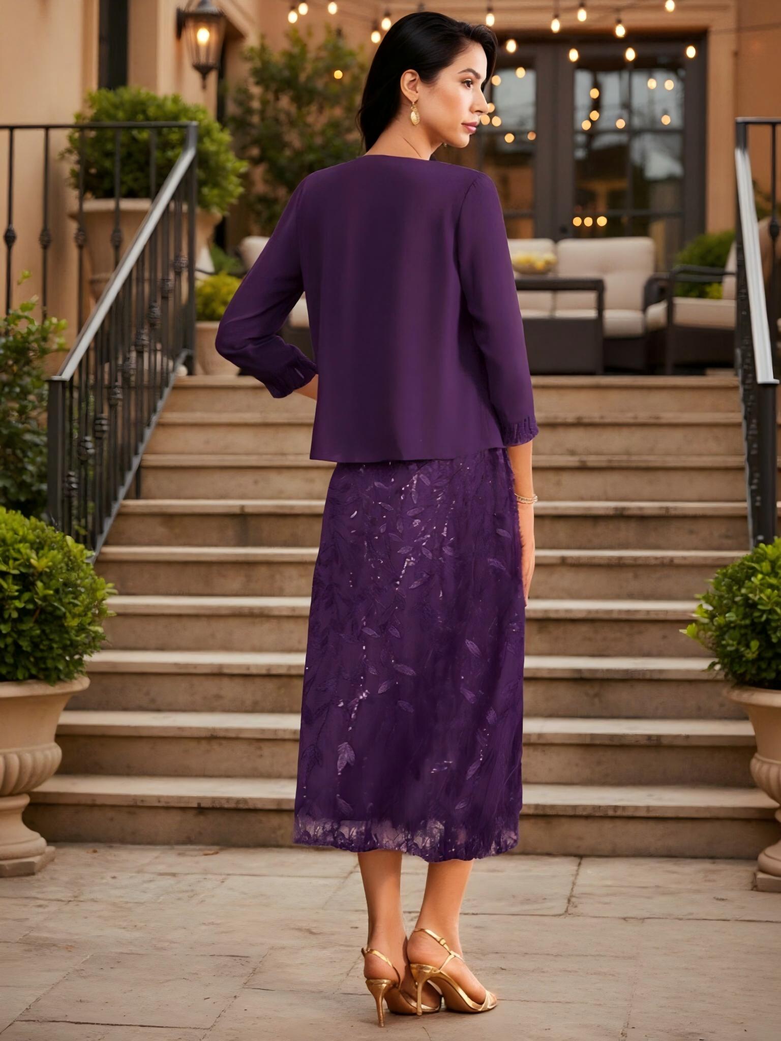 V Neck Chiffon Tea Length Mother of the Bride Dress