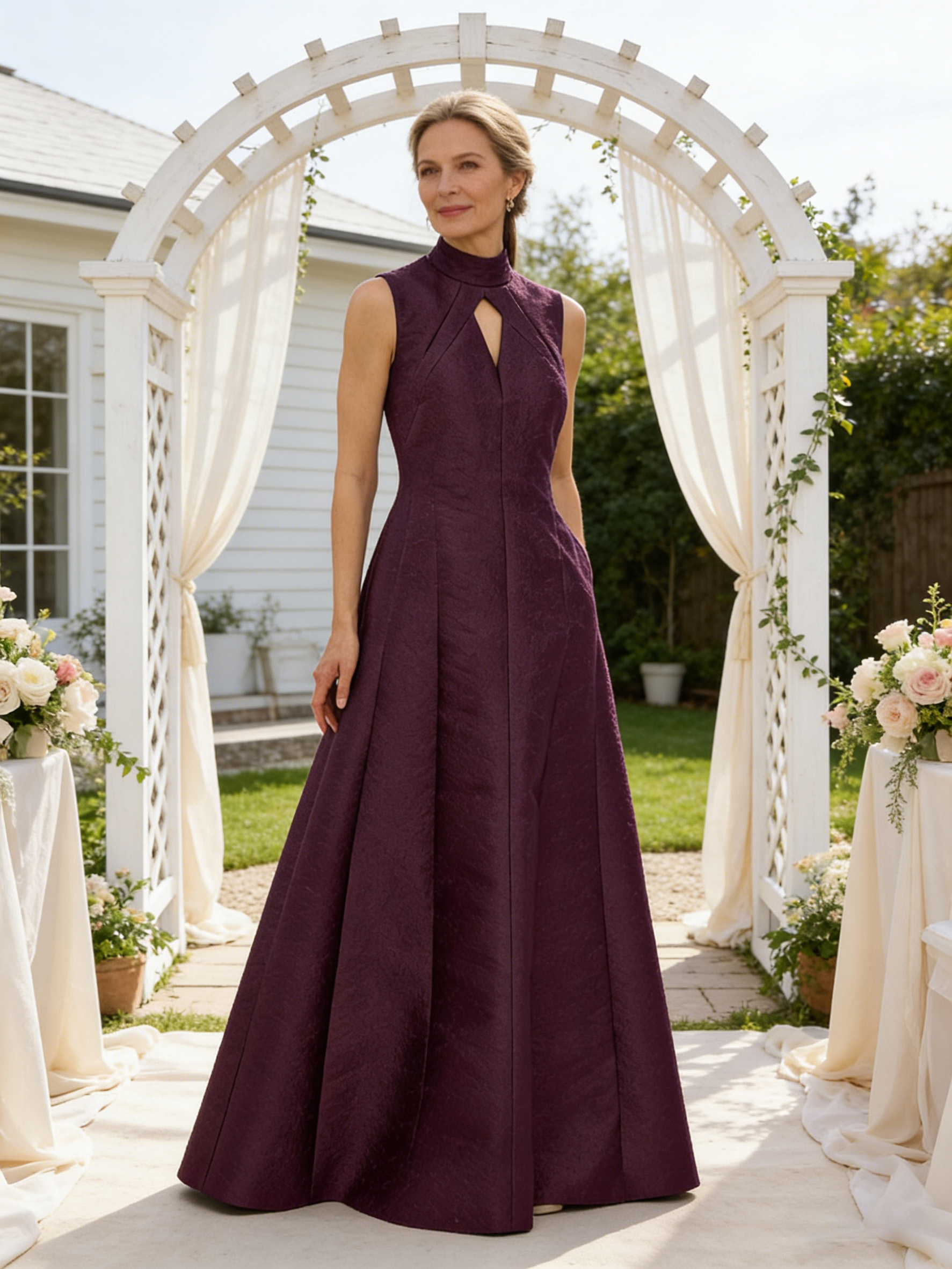 Satin High Neck Long Mother of the Bride Dresses with Pockets