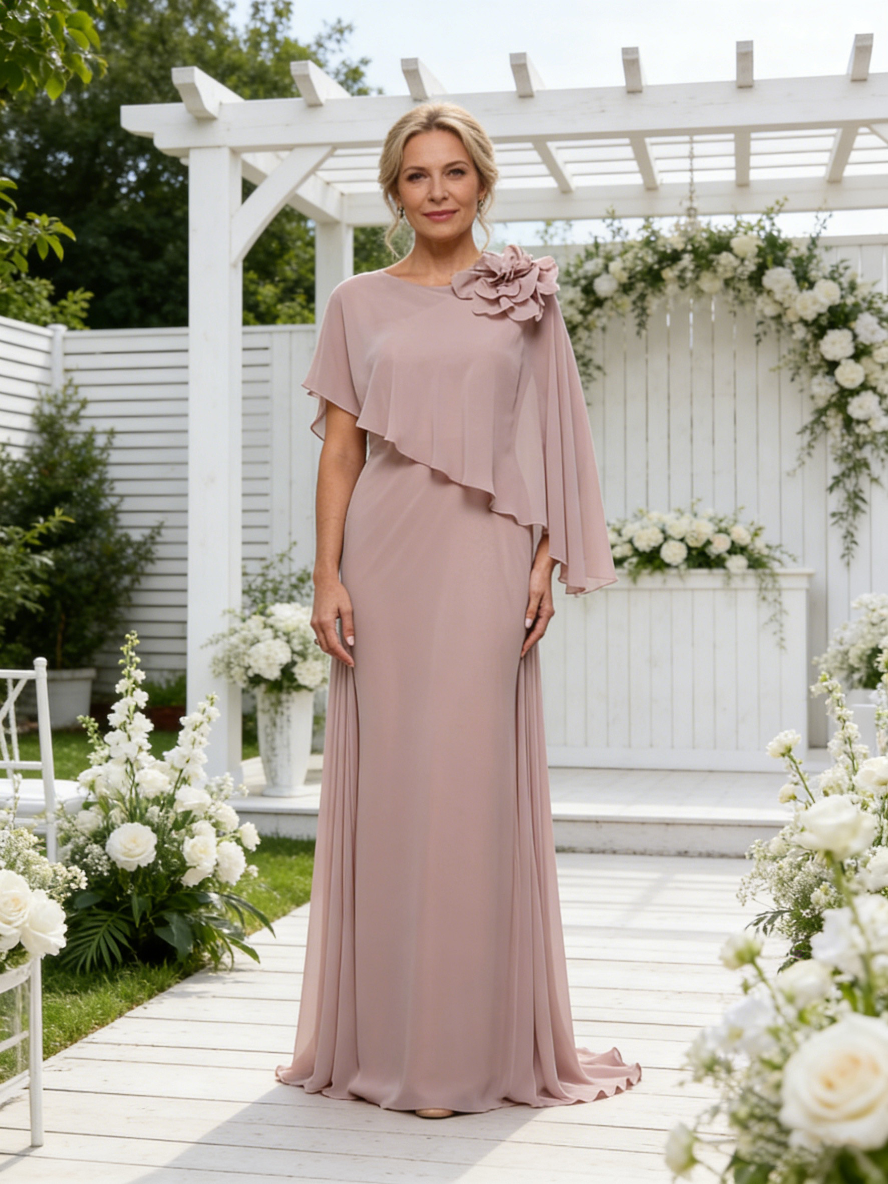 Flower Chiffon Round Mother of the Bride Dresses