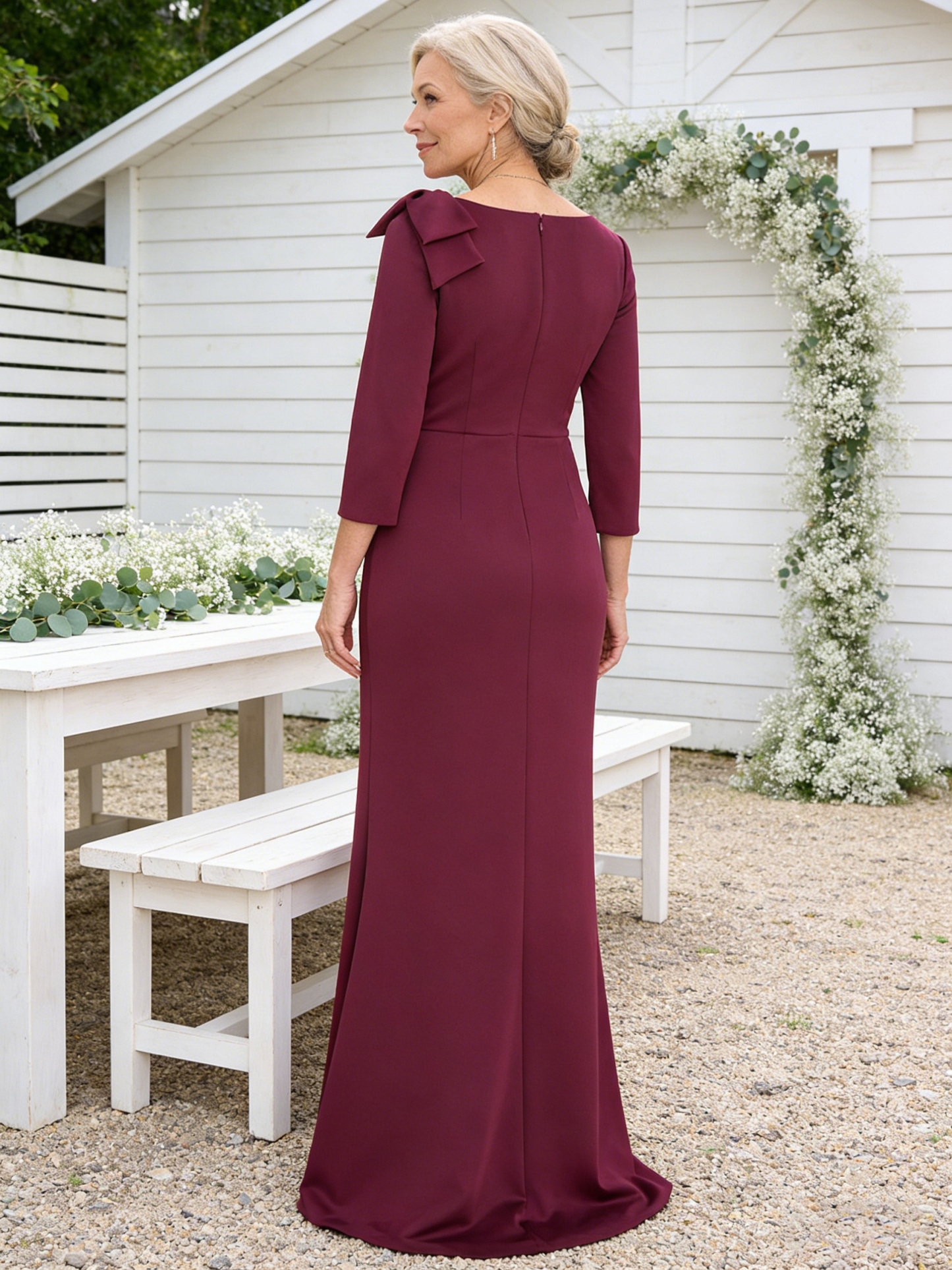 3/4 Sleeves Satin Asymmetric Mother of the Bride Dress