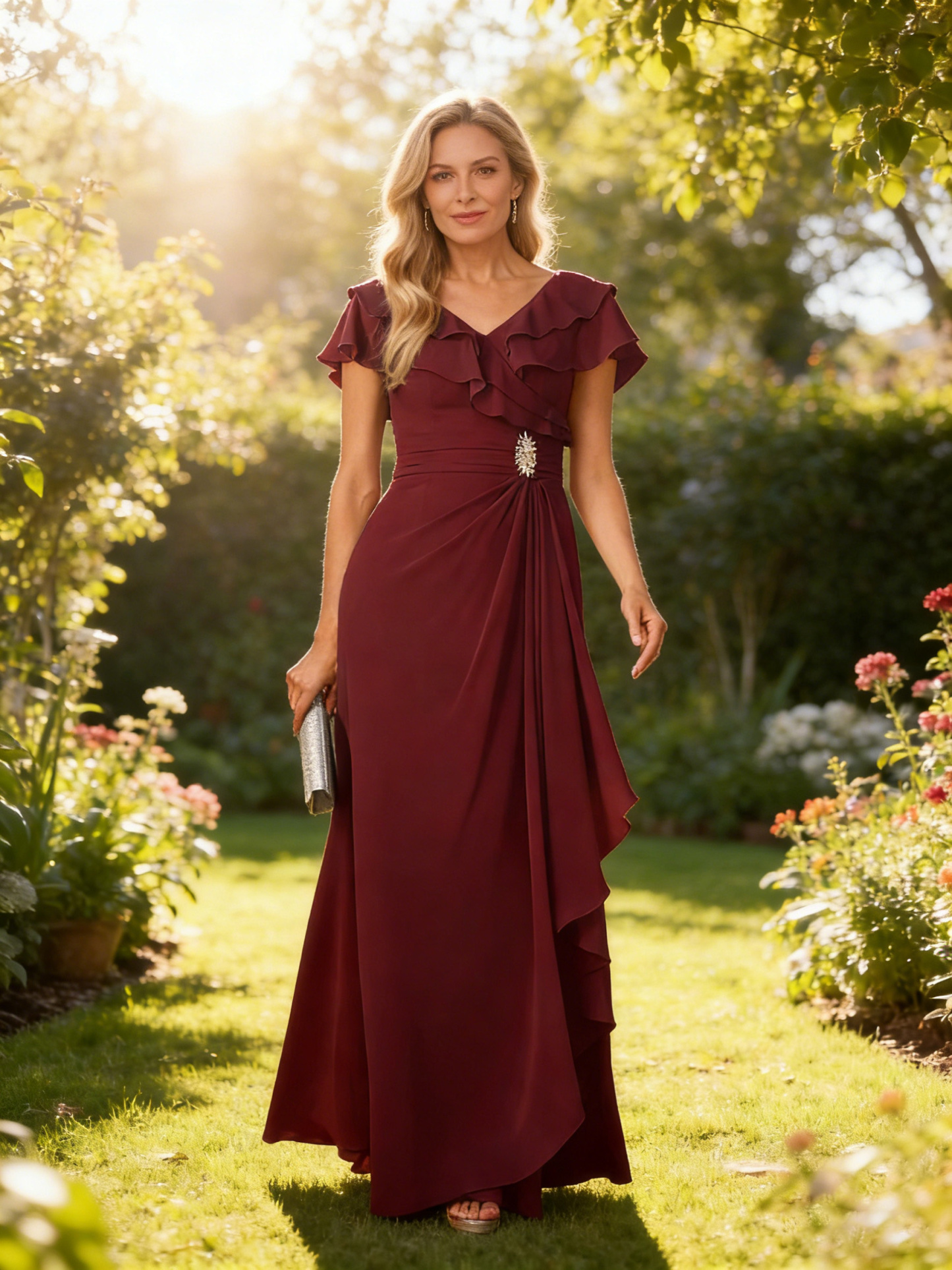 Chiffon Ruffle Beading Mother of the Bride Dress