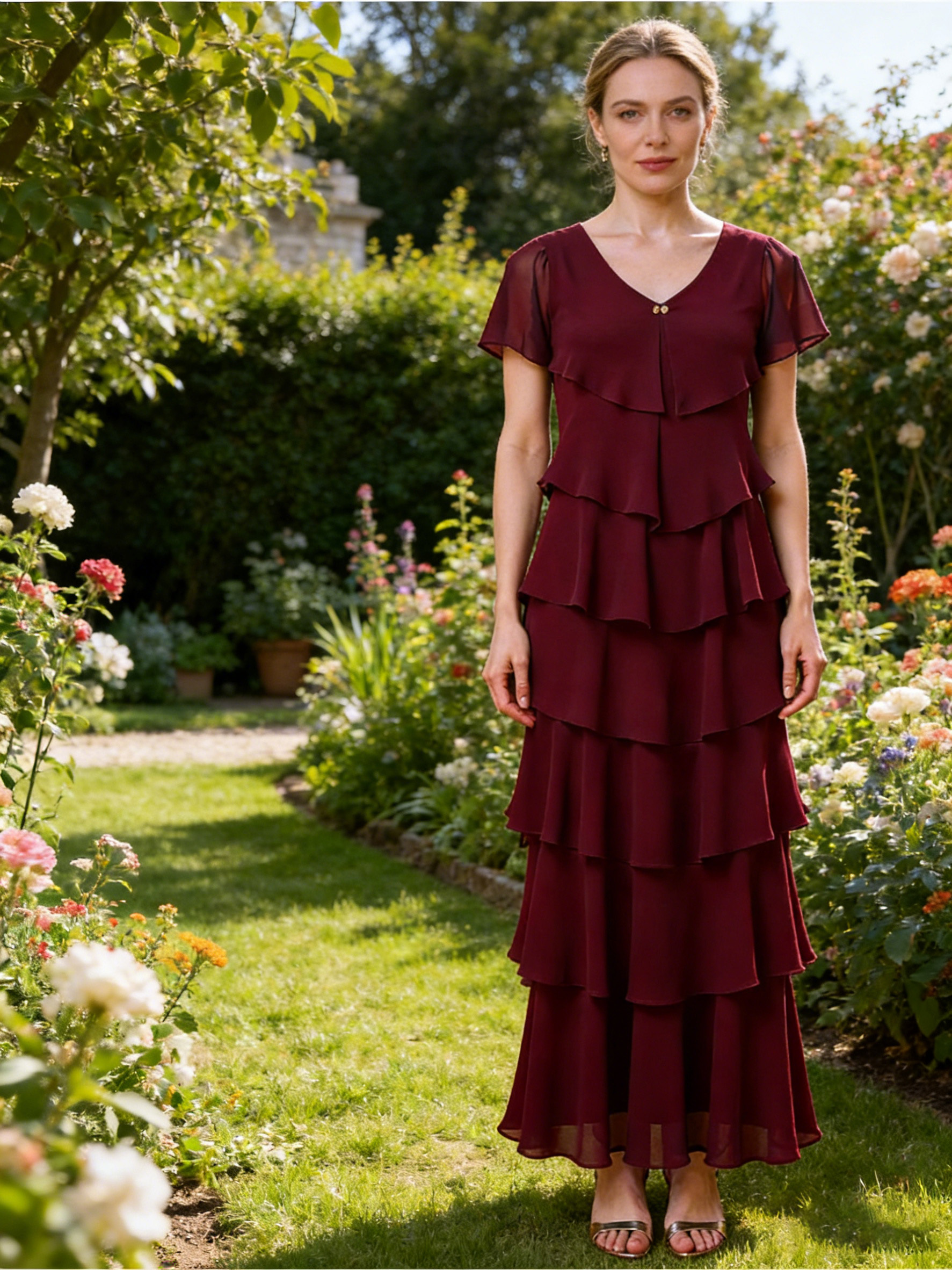 Tiered V Neck Chiffon Mother of the Bride Dress