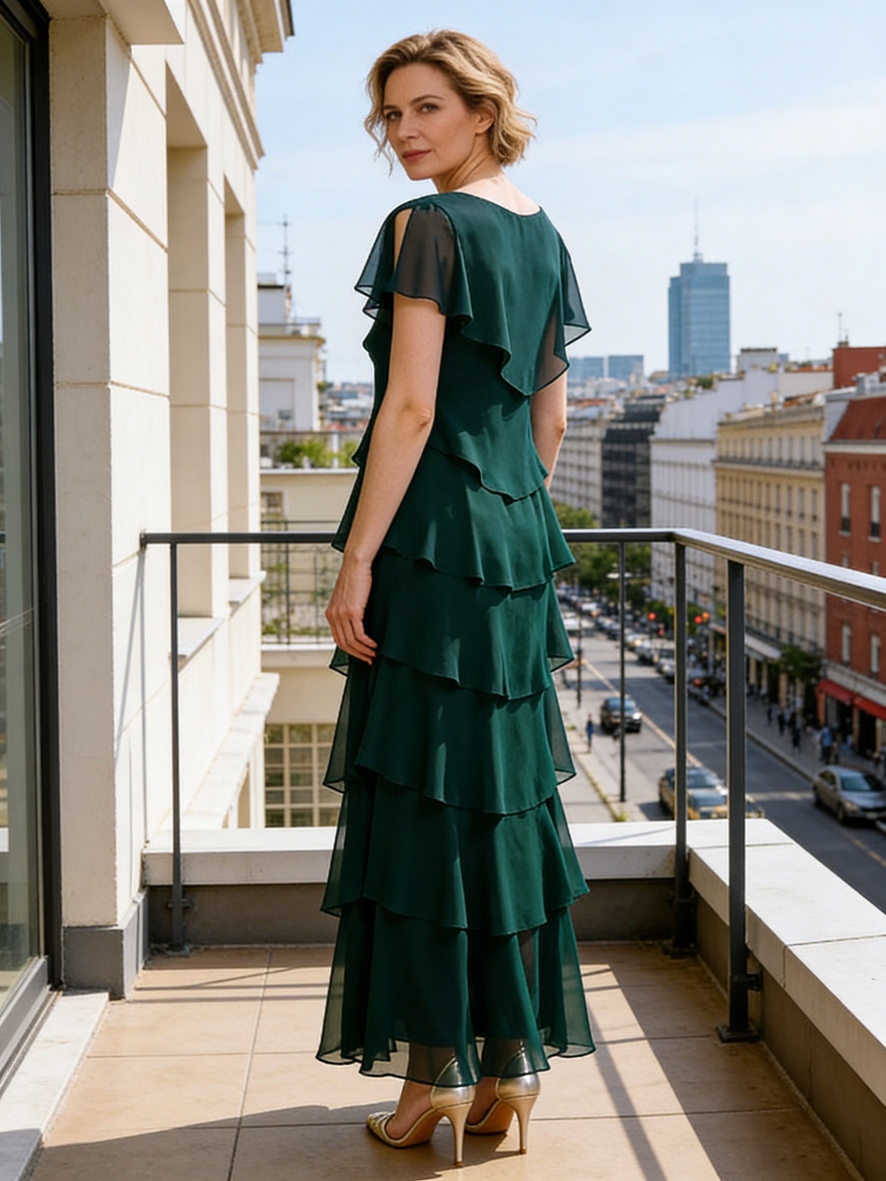 Tiered V Neck Chiffon Mother of the Bride Dress