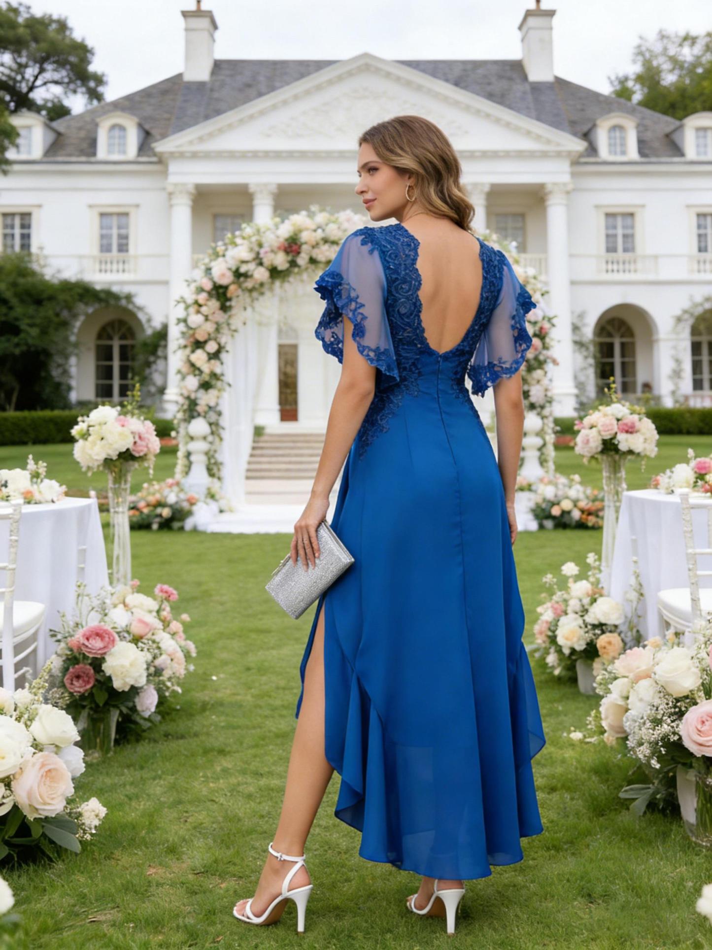 Lace Appliques Chiffon Tea Length Mother of the Bride Dress