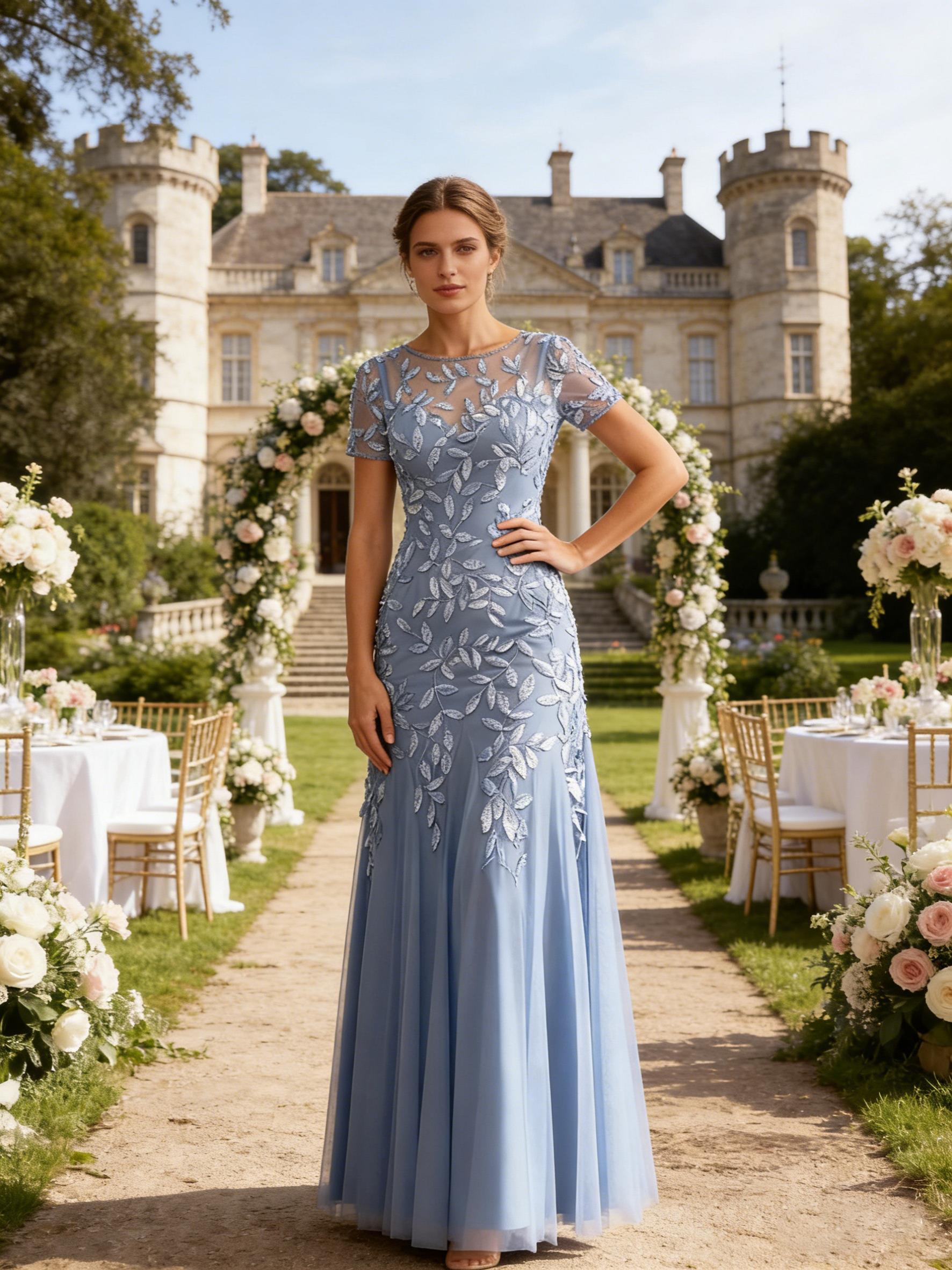 Leaf Appliques Tulle Long Round Mother of the Bride Dress