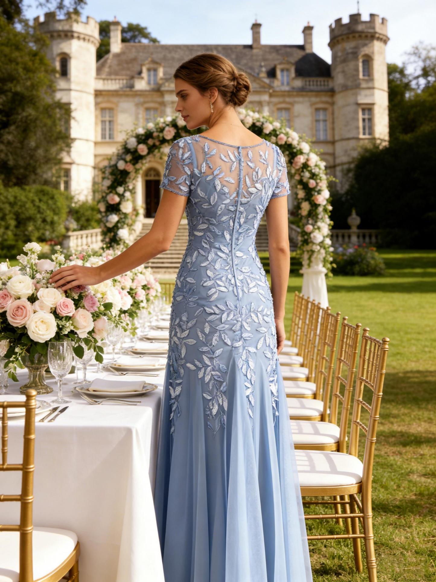 Leaf Appliques Tulle Long Round Mother of the Bride Dress