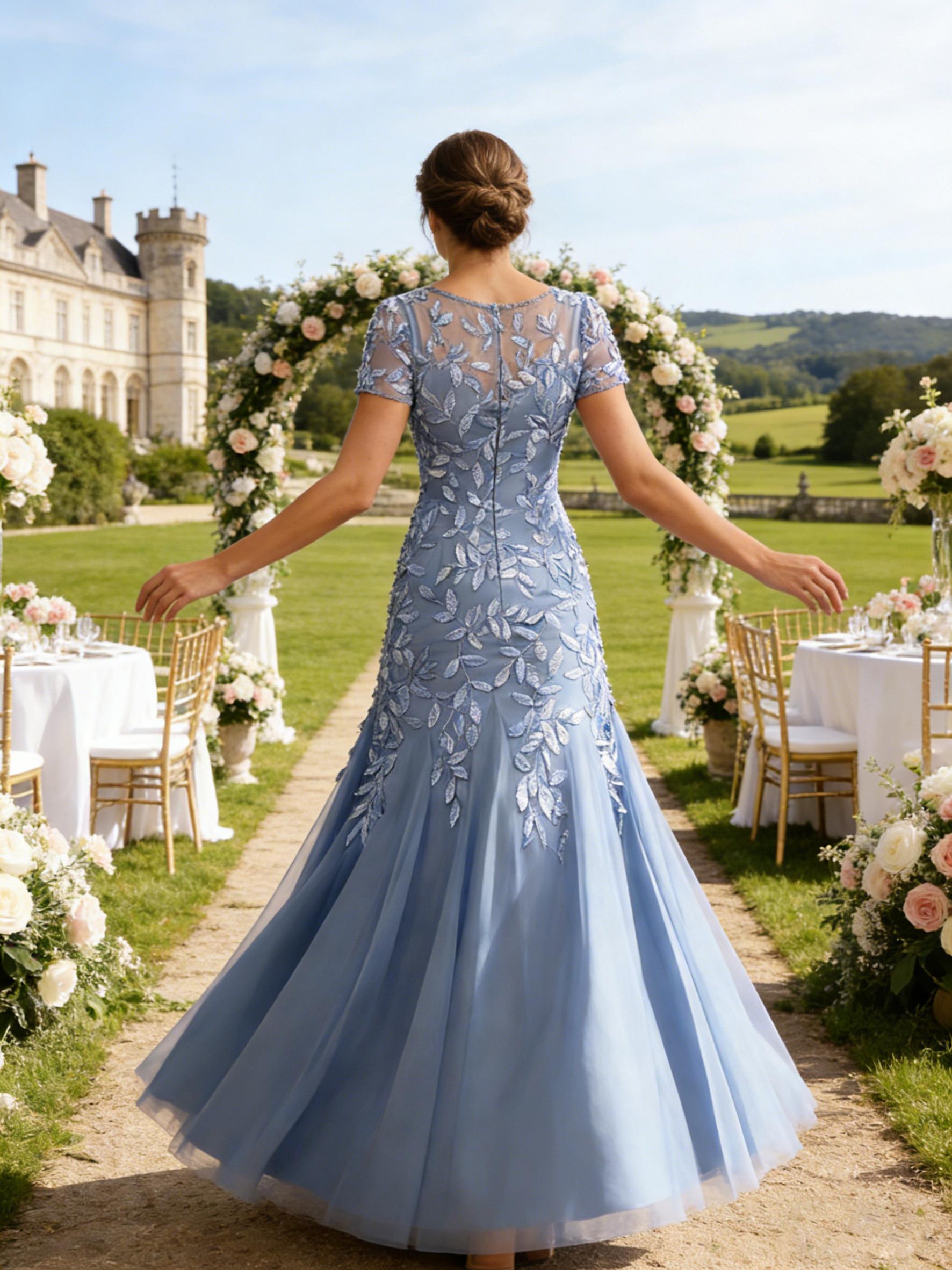 Leaf Appliques Tulle Long Round Mother of the Bride Dress