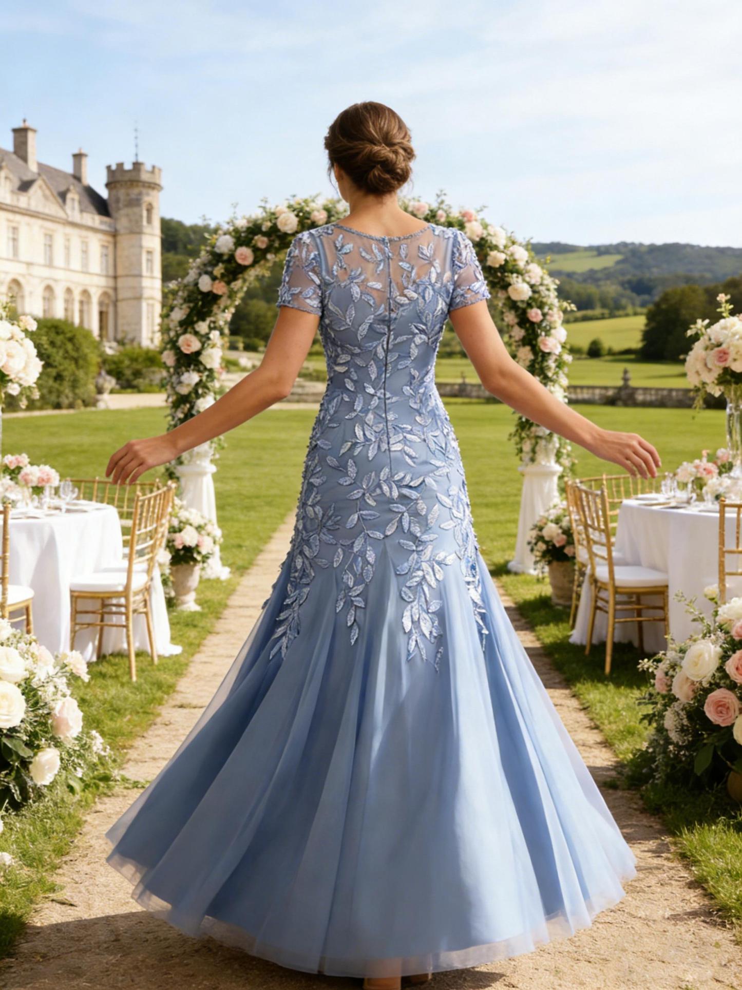 Leaf Appliques Tulle Long Round Mother of the Bride Dress