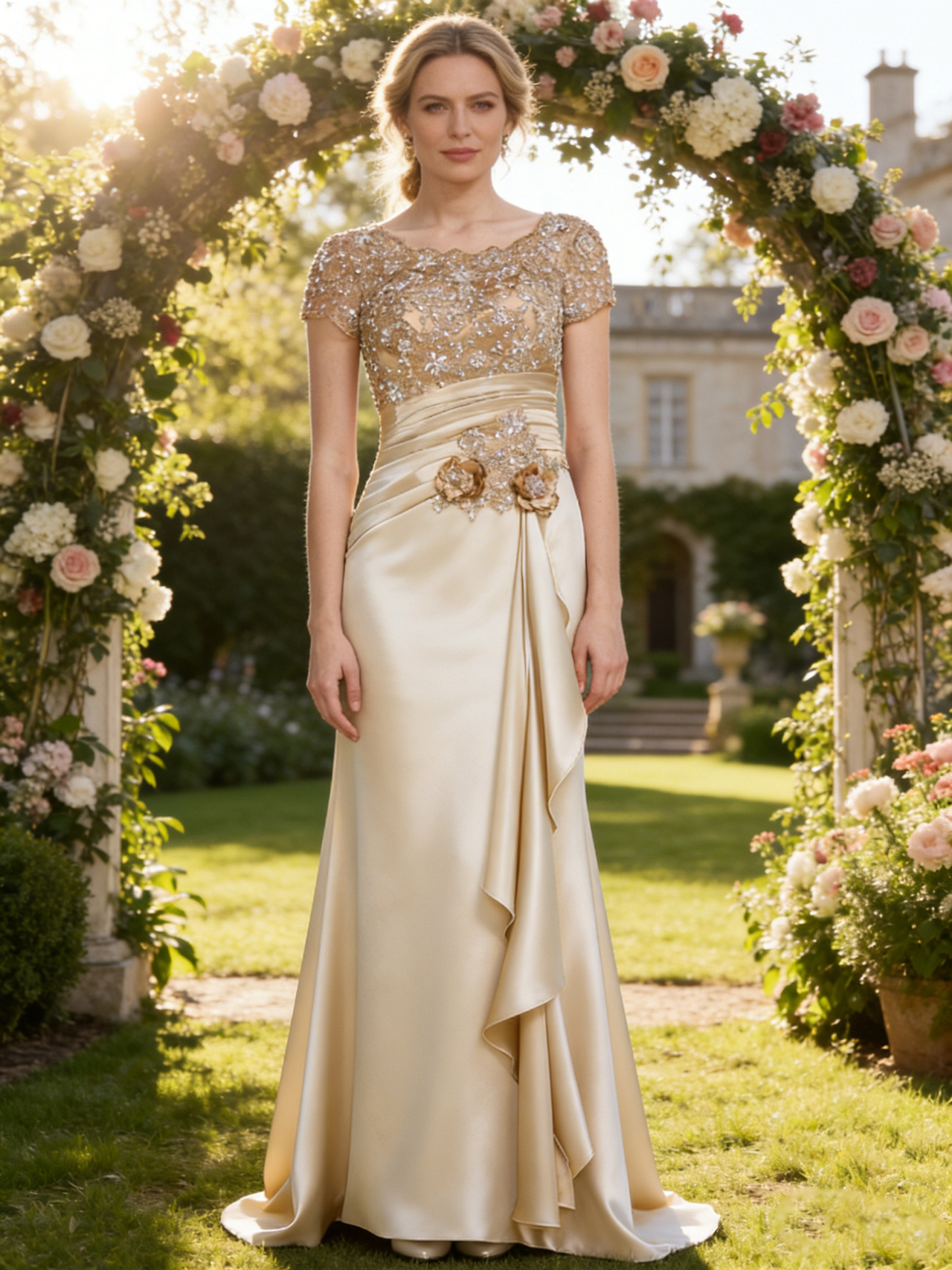 Beading Scoop Neck Short Sleeves Mother of the Bride Dress