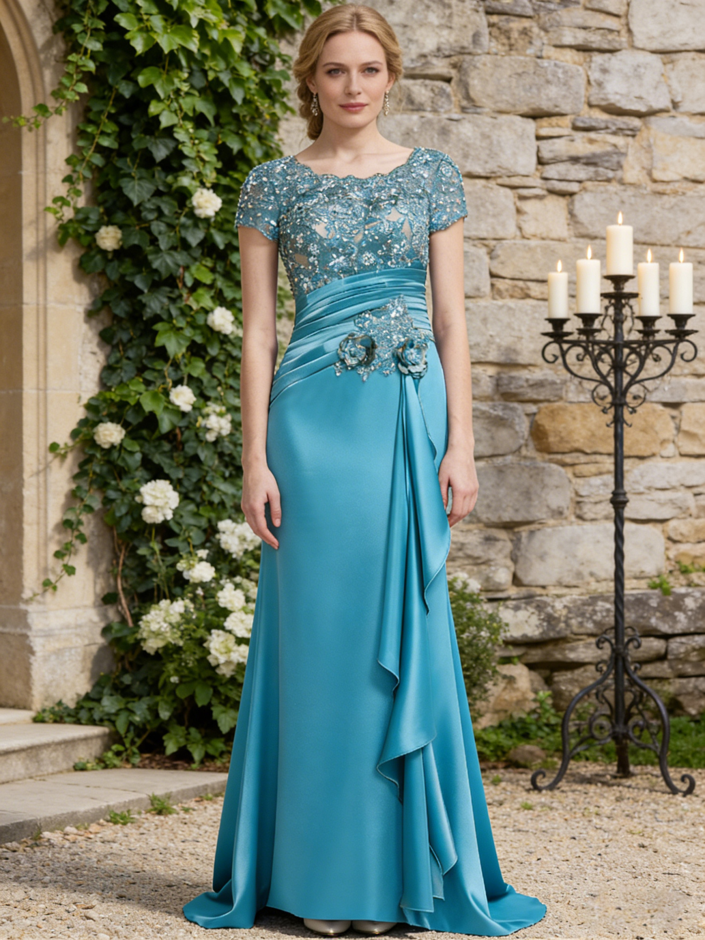 Beading Scoop Neck Short Sleeves Mother of the Bride Dress