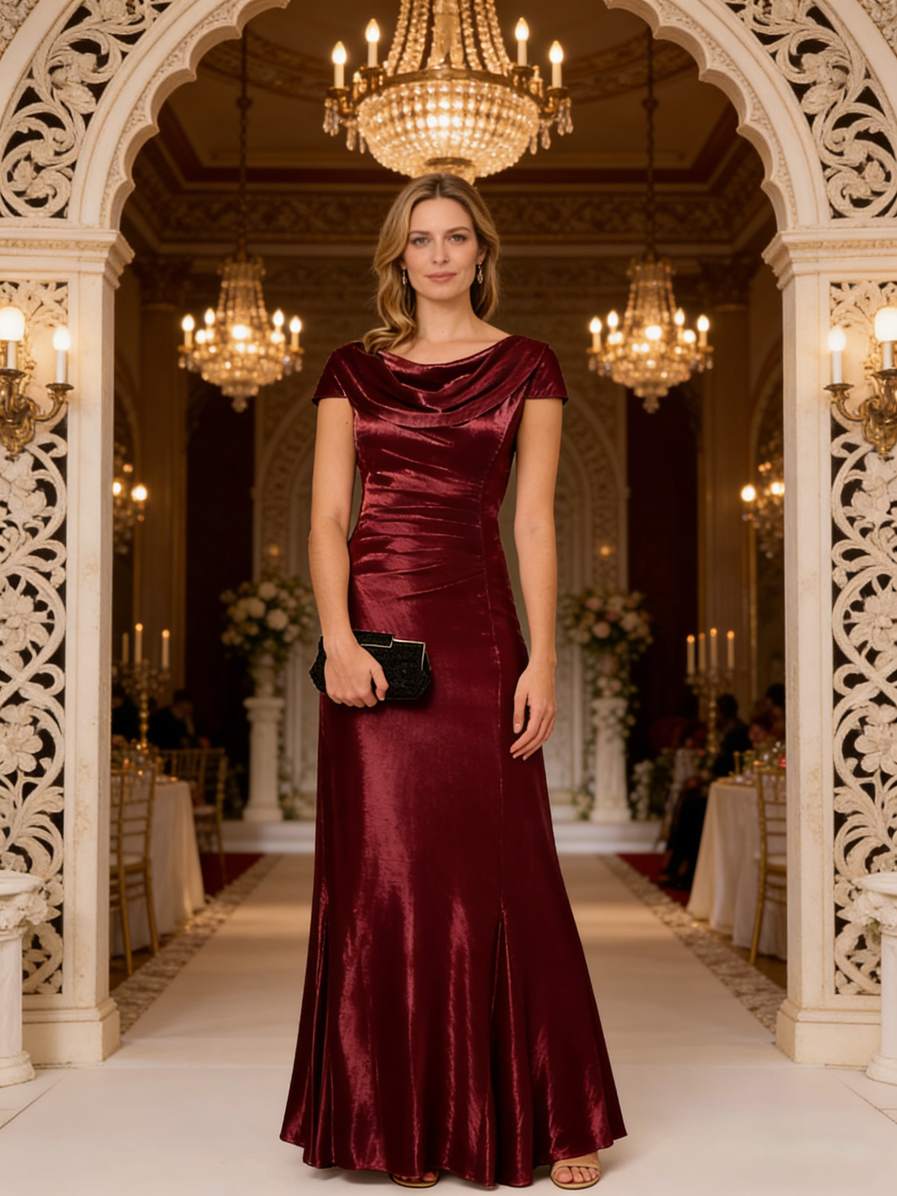 Scoop Neck Short Sleeves Long Mother of the Bride Dress