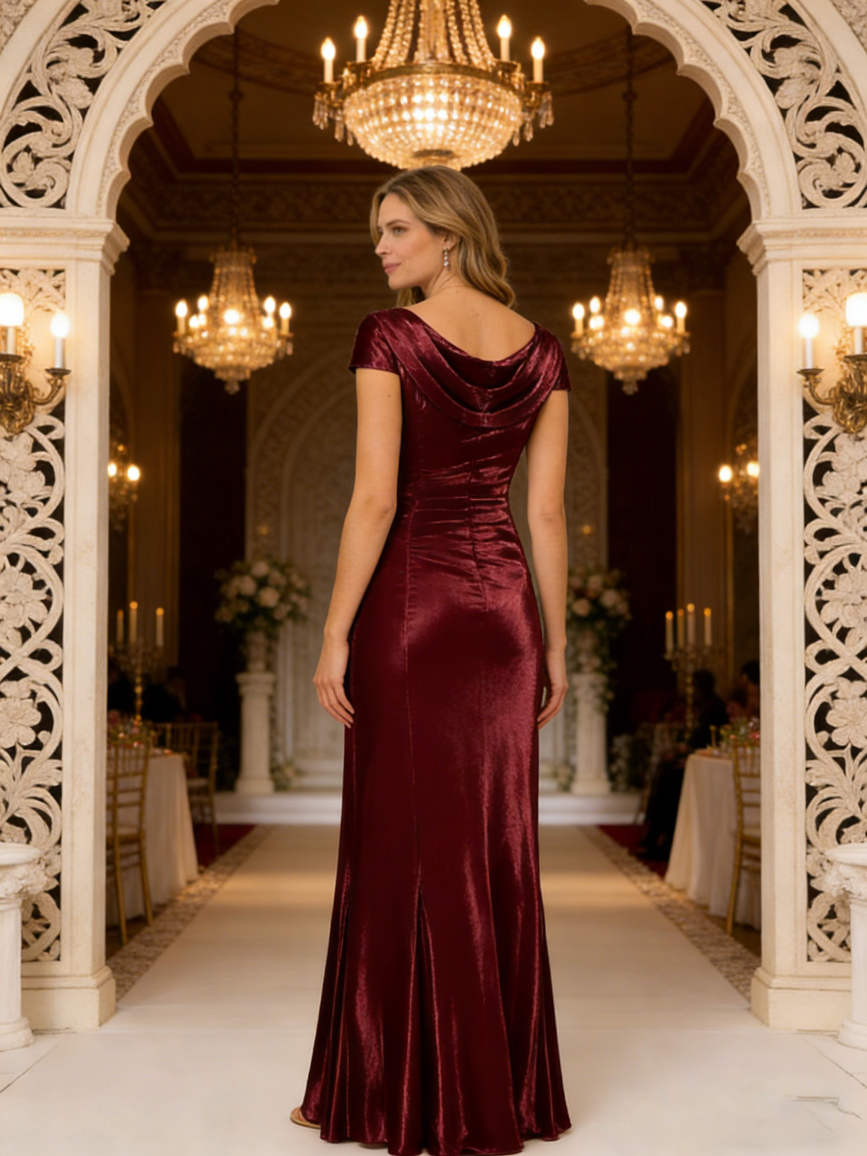 Scoop Neck Short Sleeves Long Mother of the Bride Dress