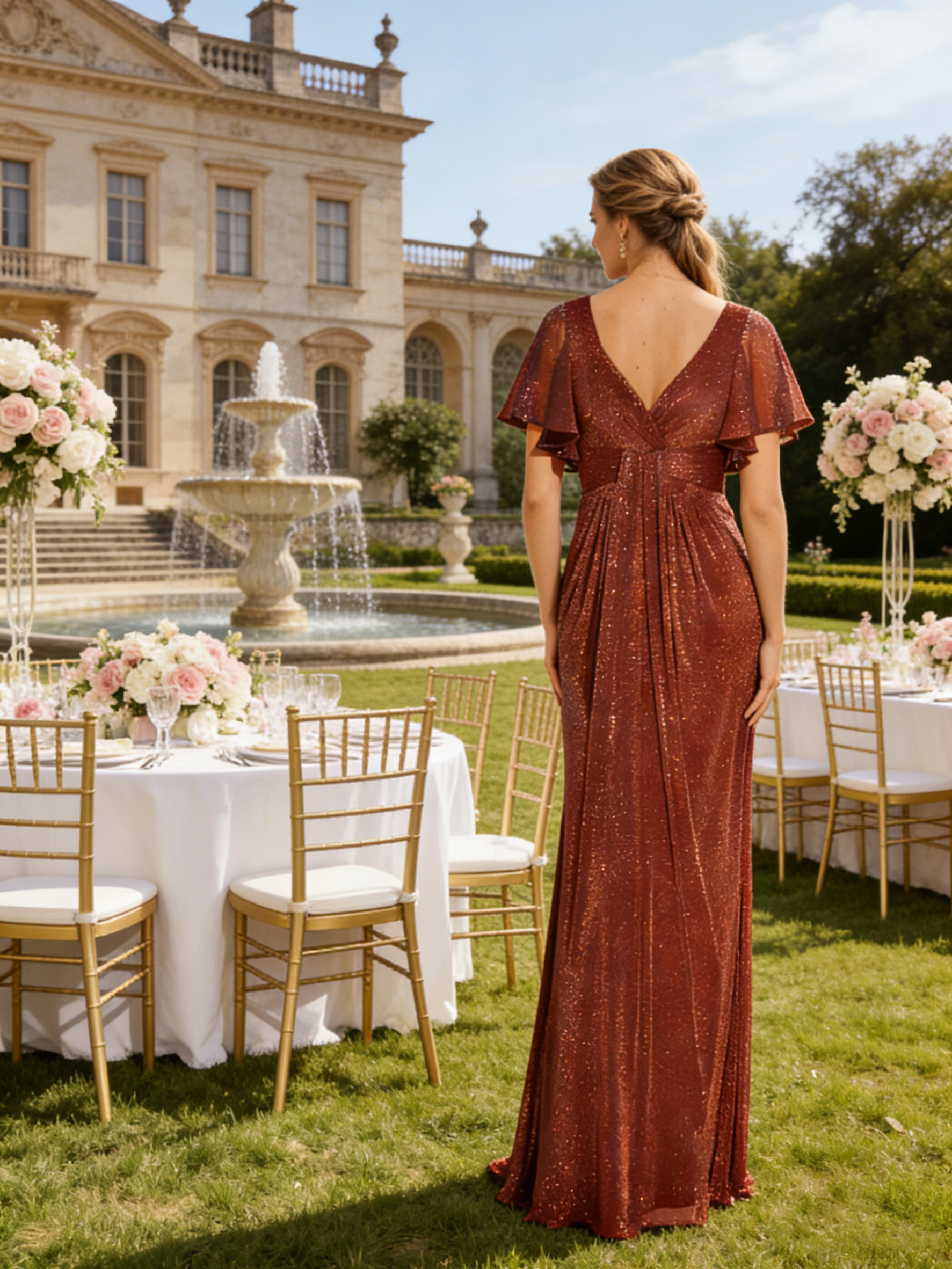 Glitter V Neck Short Sleeves Mother of the Bride Dresses