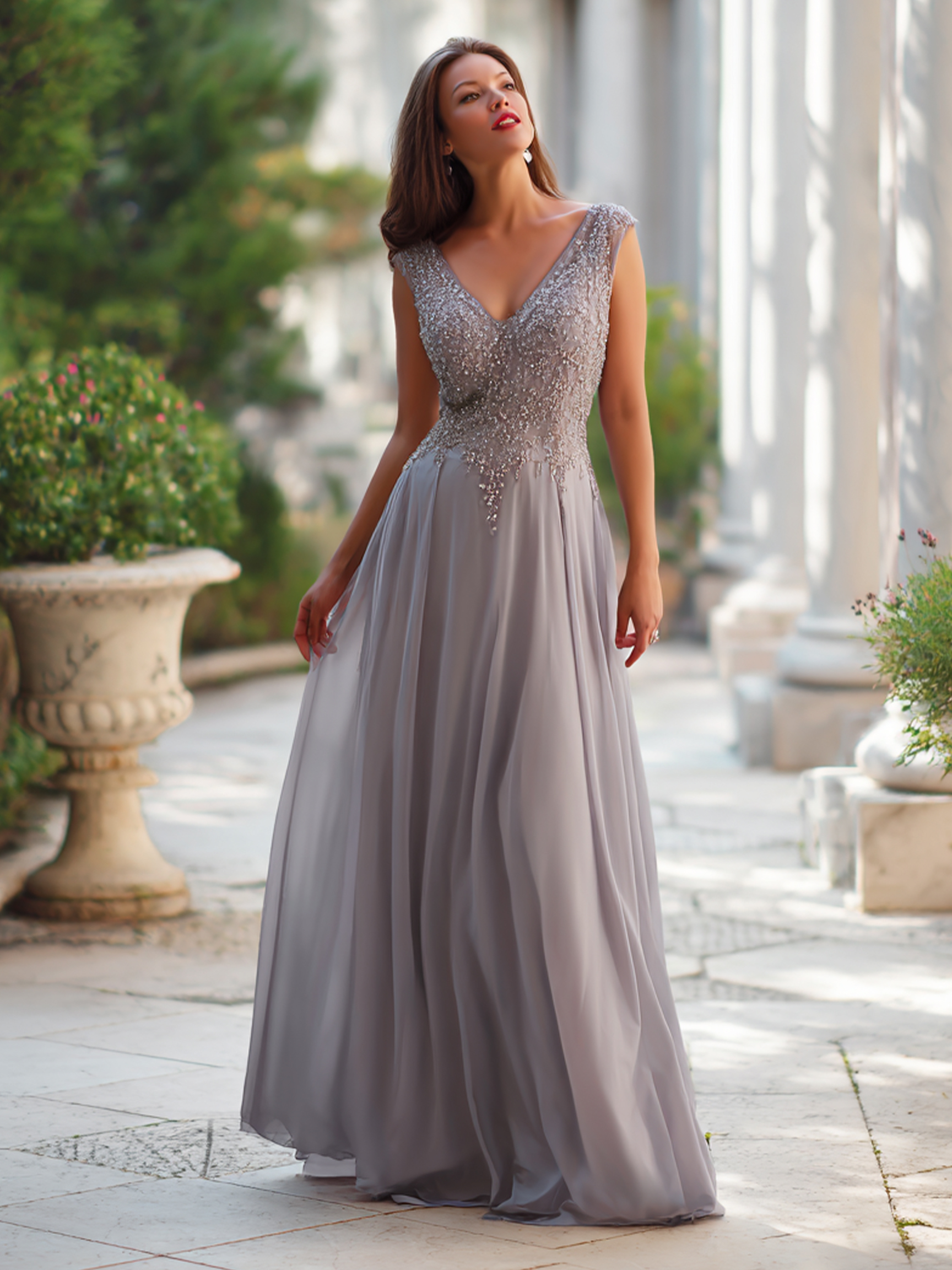 Lace Appliques Chiffon V Neck Mother of the Bride Dresses