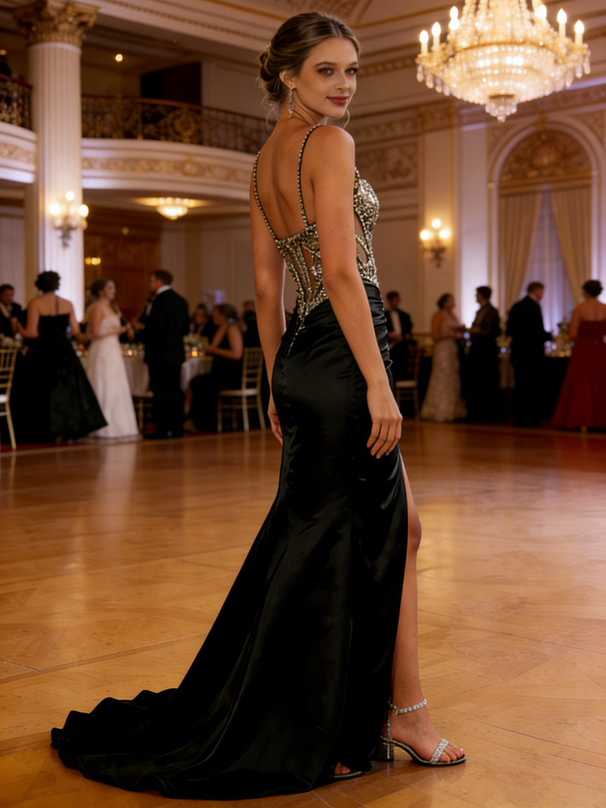 Satin Spaghetti Straps Beading Corset Prom Dresses with Slit