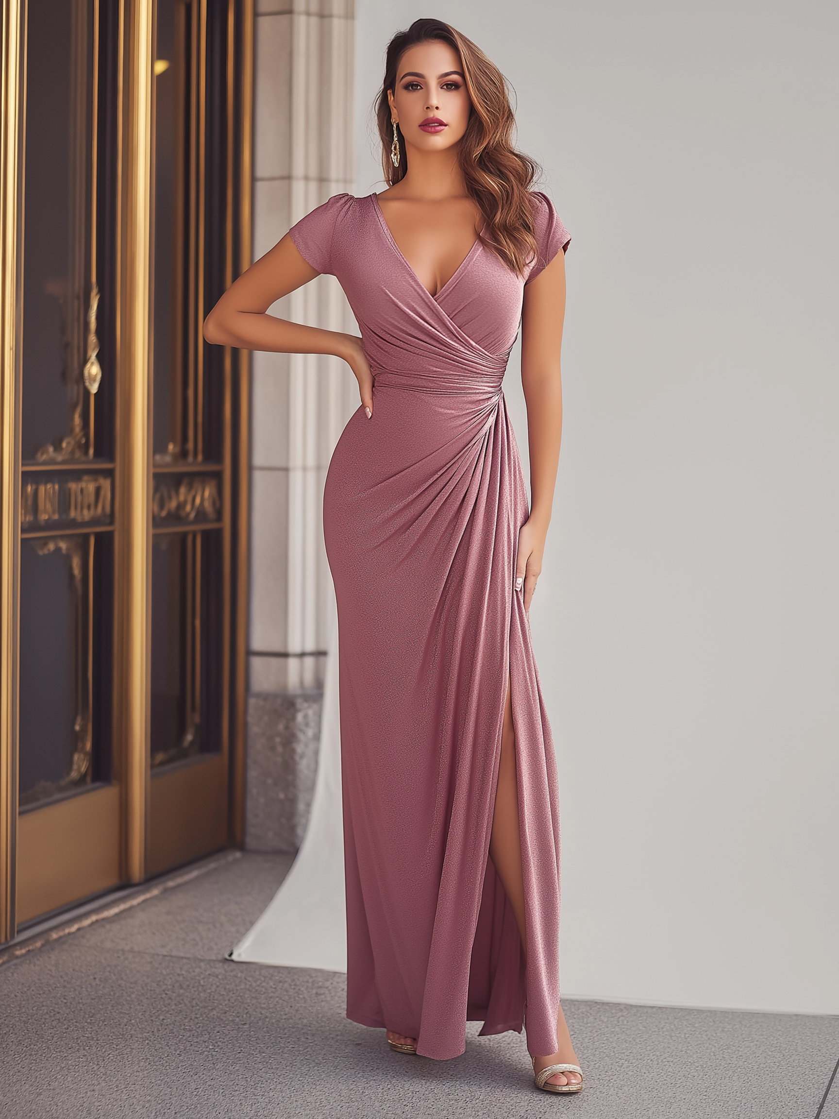 Short Sleeves Satin V Neck Ruched Mother of the Bride Dresses