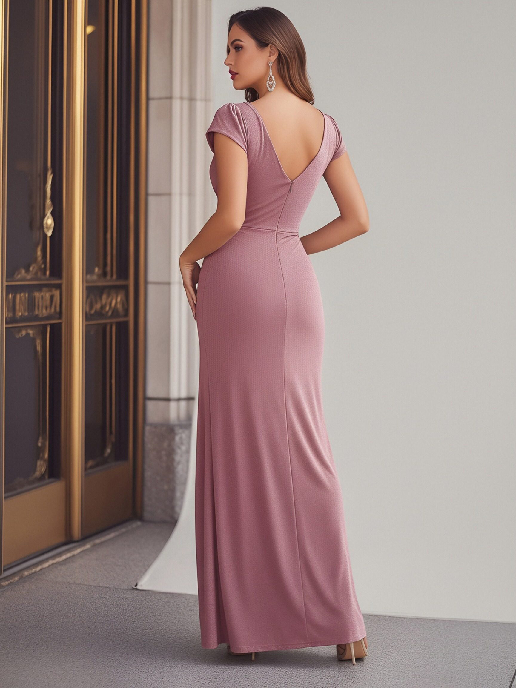 Short Sleeves Satin V Neck Ruched Mother of the Bride Dresses