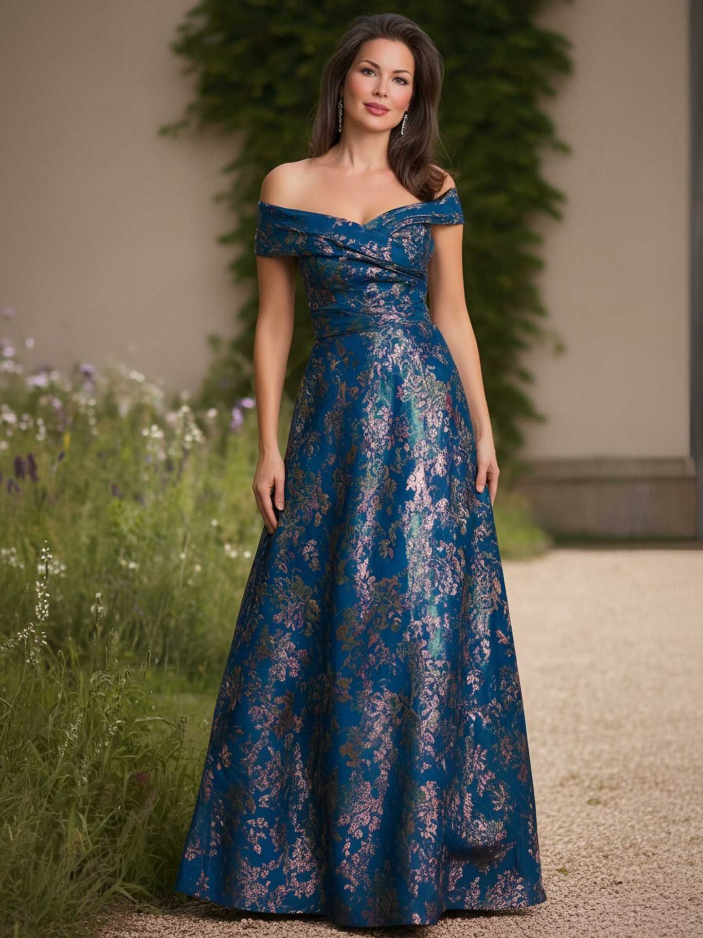 Emboridory Off Shoulder Ruched Satin V Neck Ruched Mother of the Bride Dresses