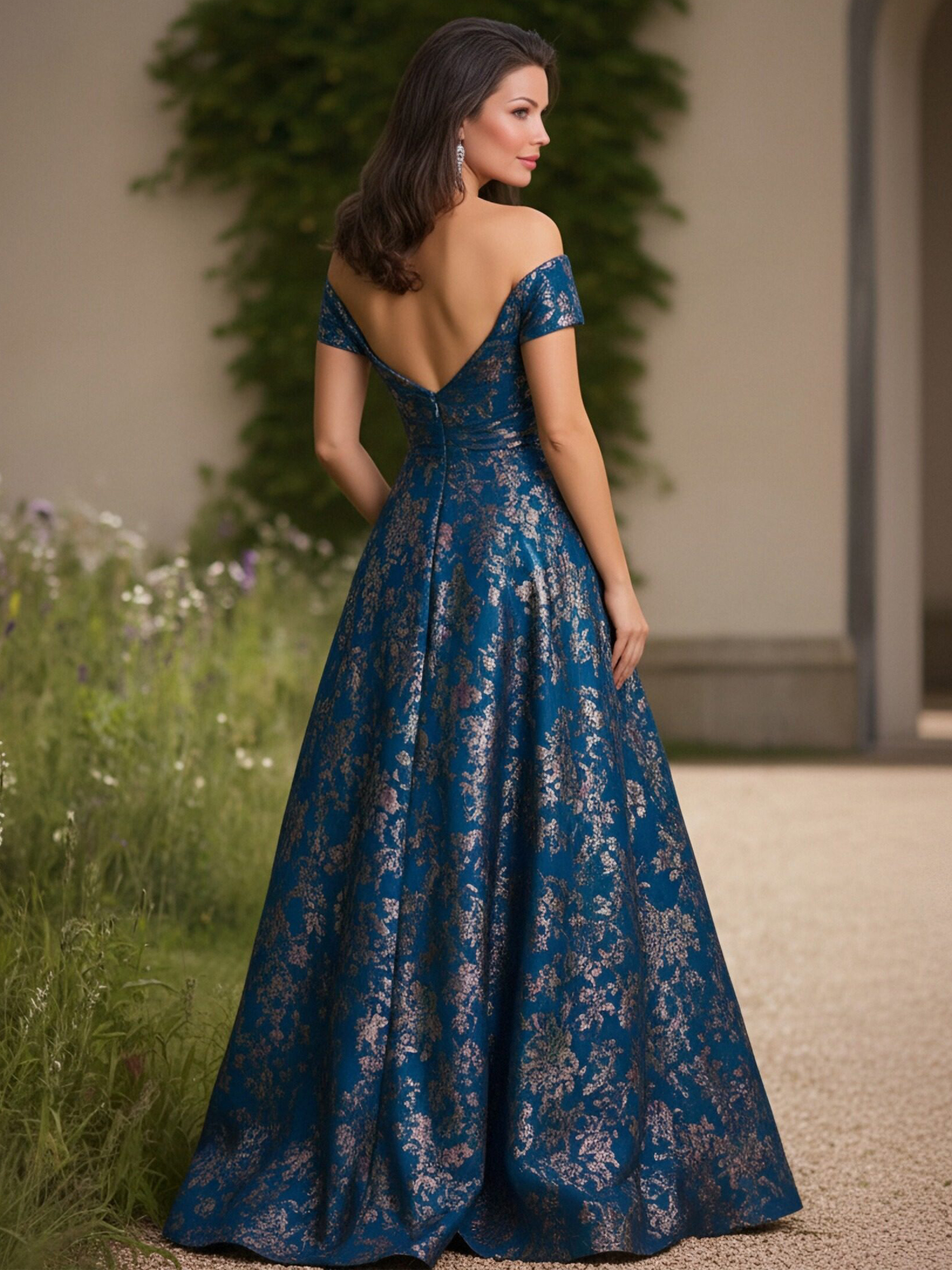 Emboridory Off Shoulder Ruched Satin V Neck Ruched Mother of the Bride Dresses