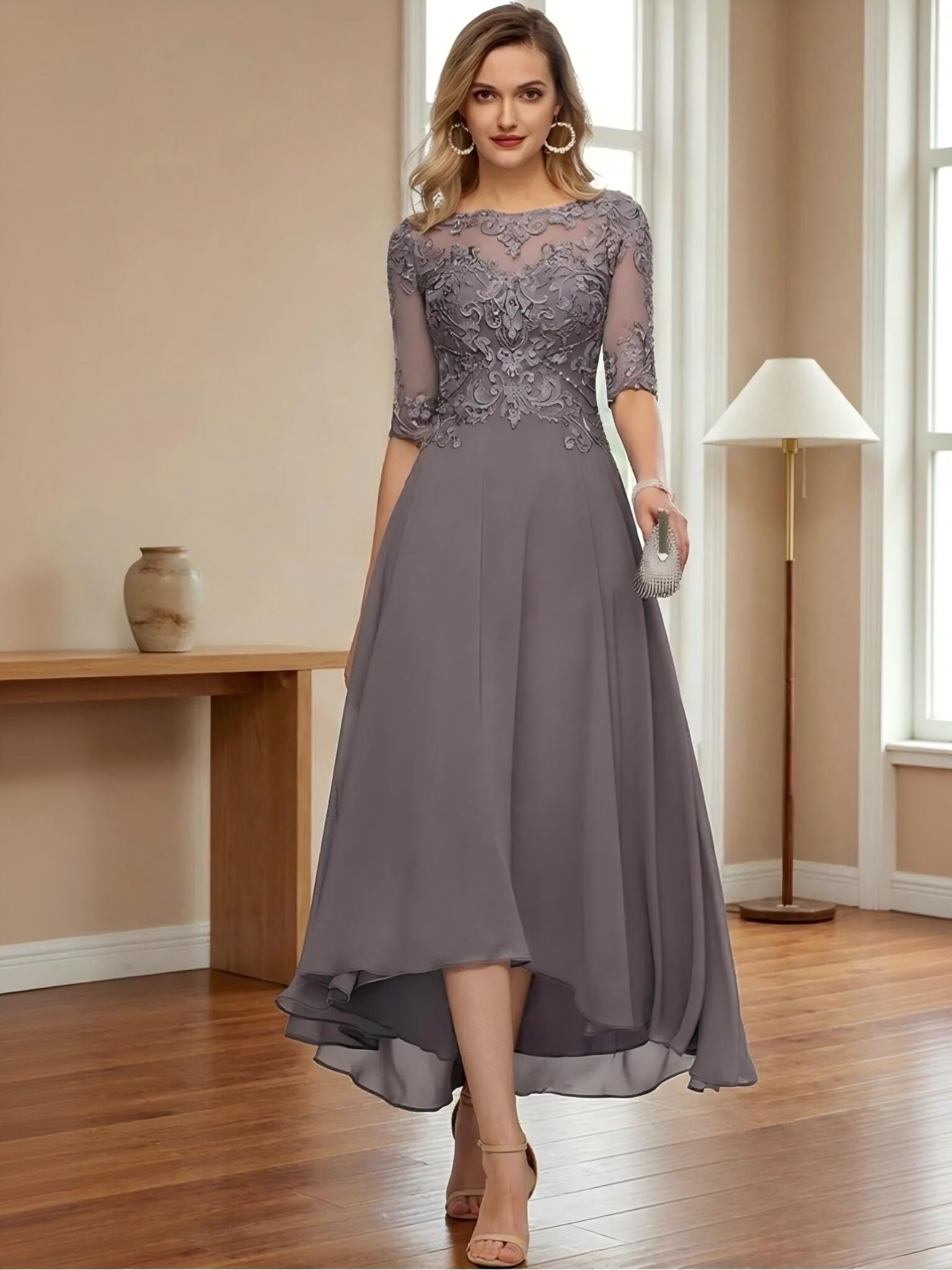 A Line Tea Length Lace Chiffon Mother of the Bride Dresses