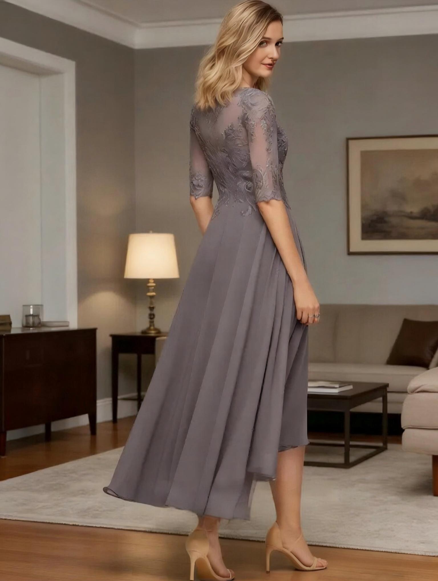 A Line Tea Length Lace Chiffon Mother of the Bride Dresses