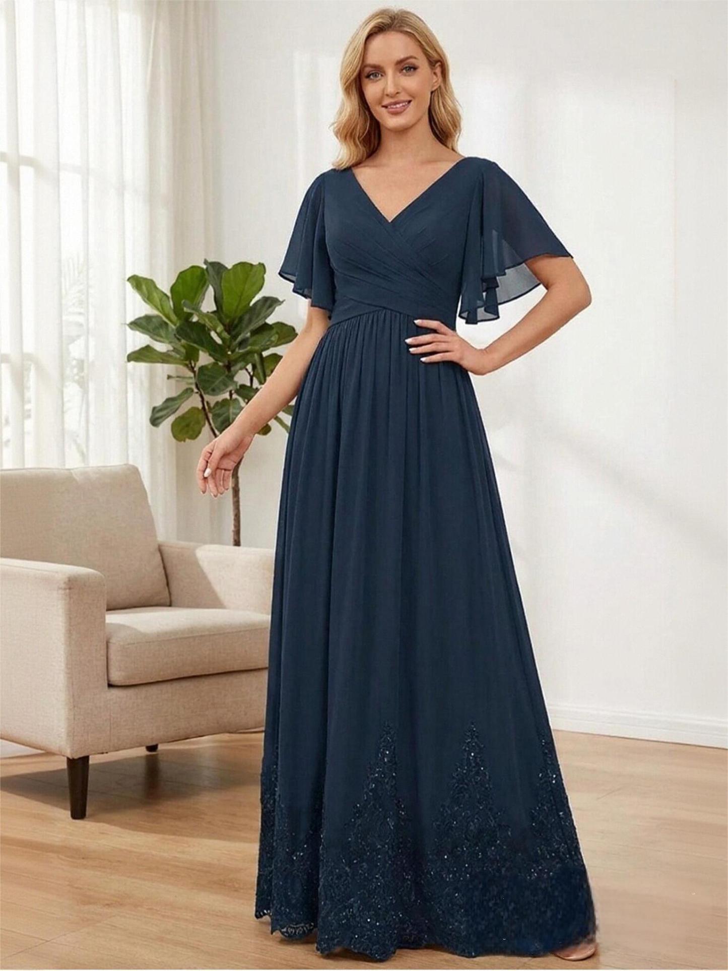 A Line Short Sleeve Chiffon Mother of the Bride Dresses