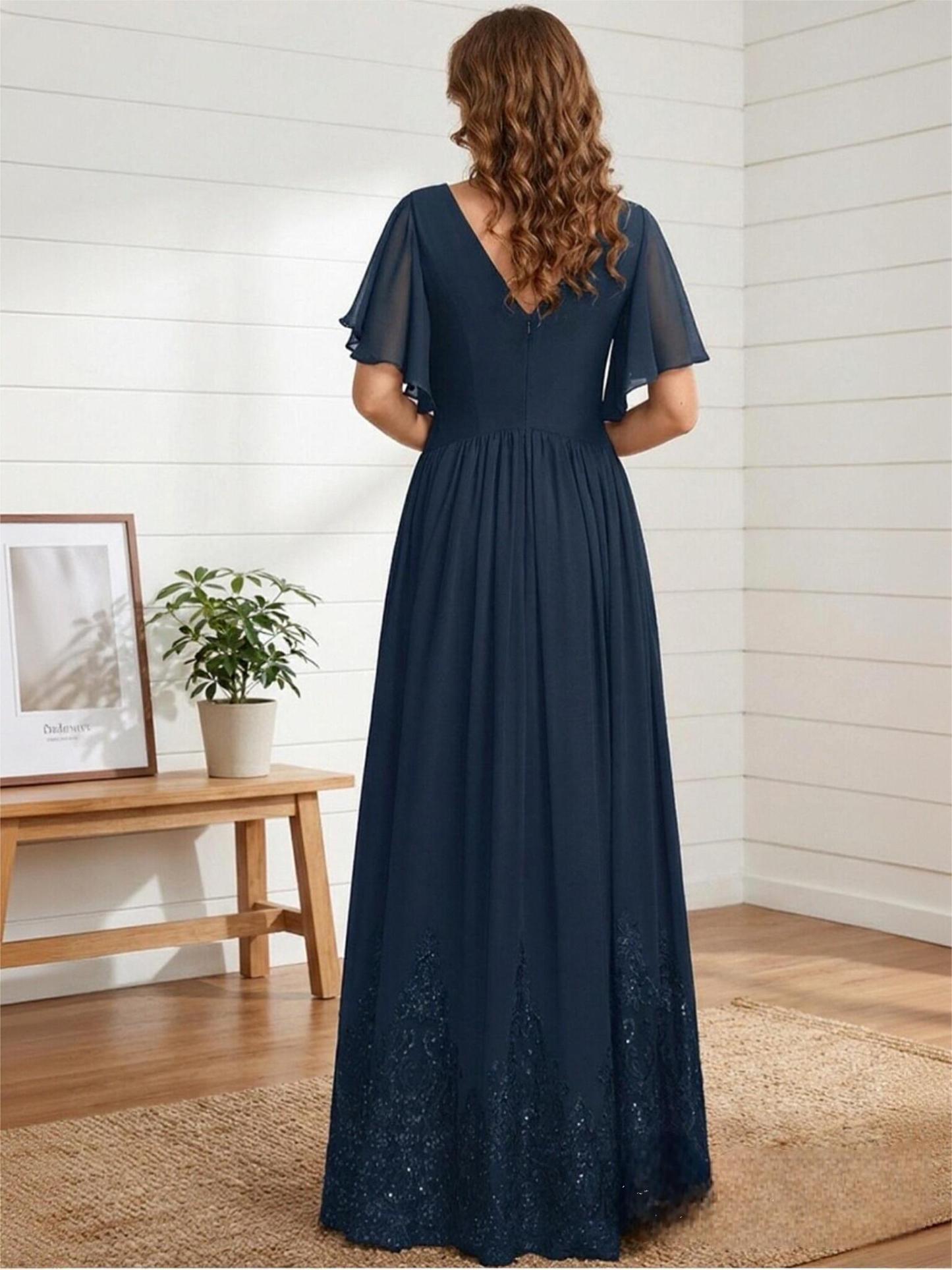 A Line Short Sleeve Chiffon Mother of the Bride Dresses
