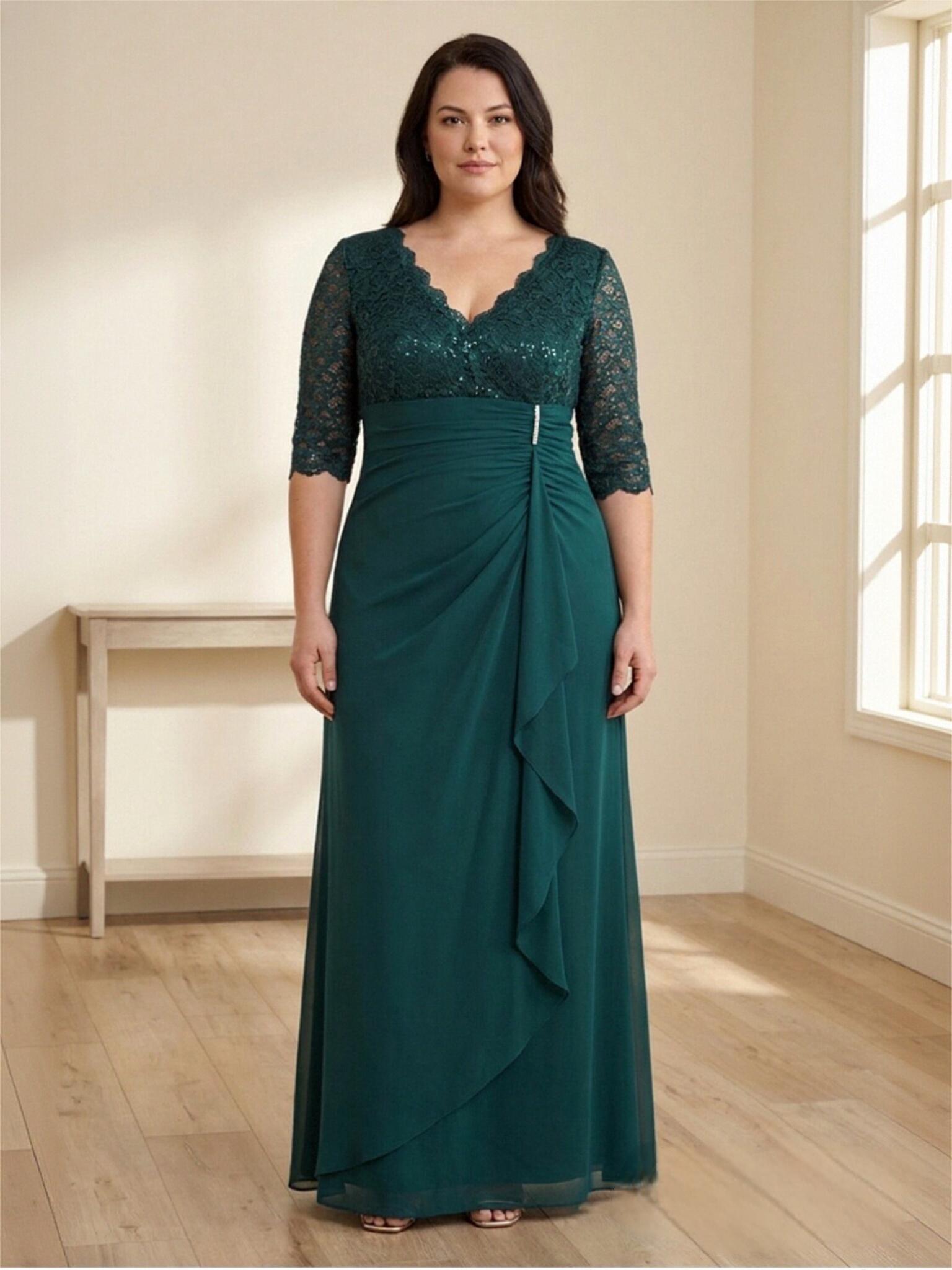 V Neck Half Sleeve Pleated Chiffon Mother of the Bride Dresses