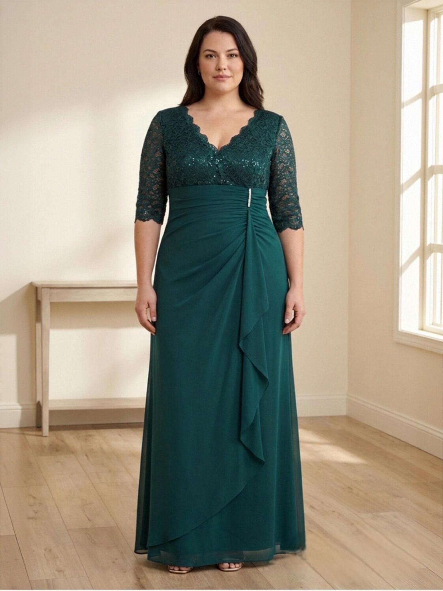 V Neck Half Sleeve Pleated Chiffon Mother of the Bride Dresses