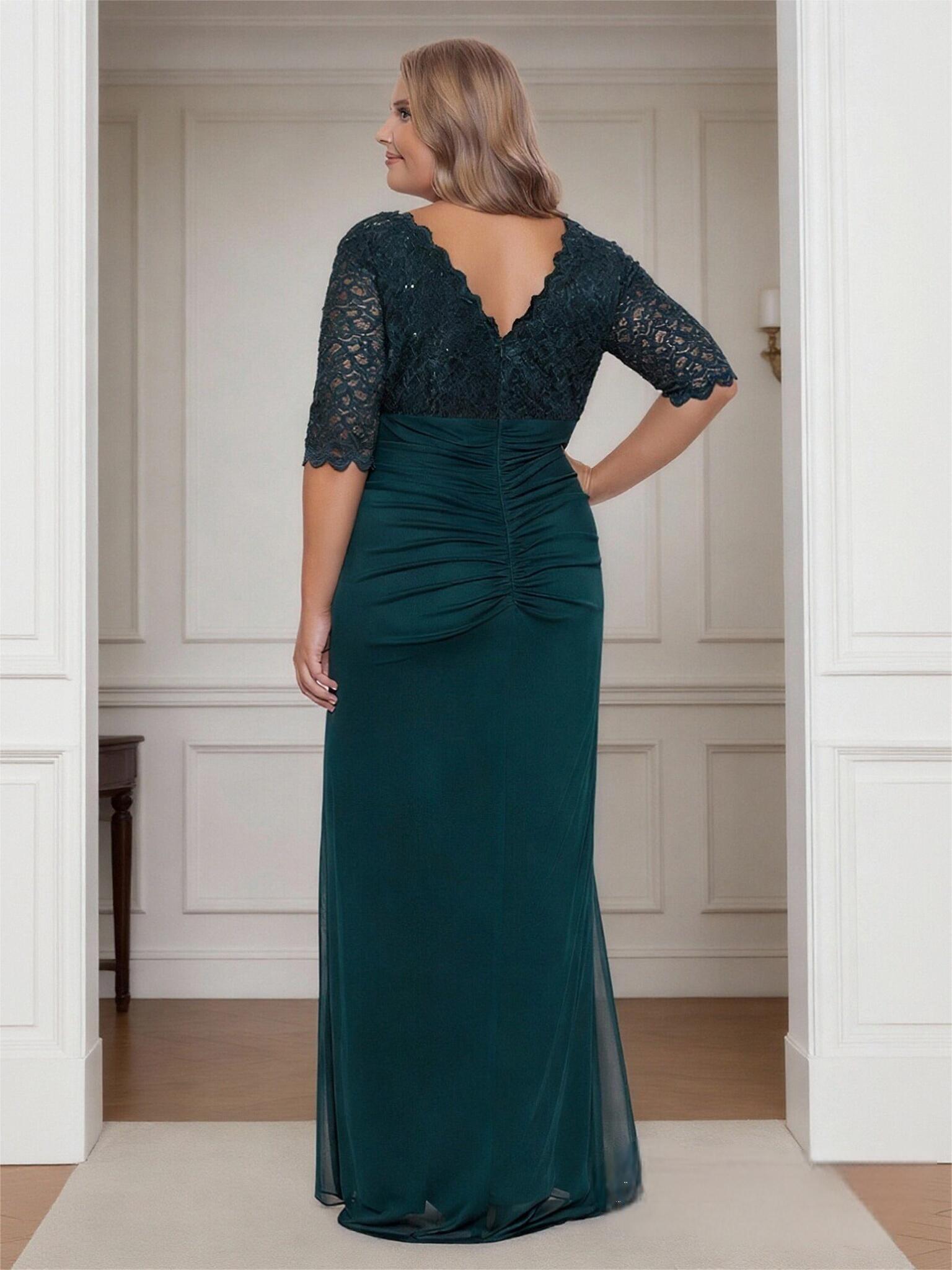 V Neck Half Sleeve Pleated Chiffon Mother of the Bride Dresses