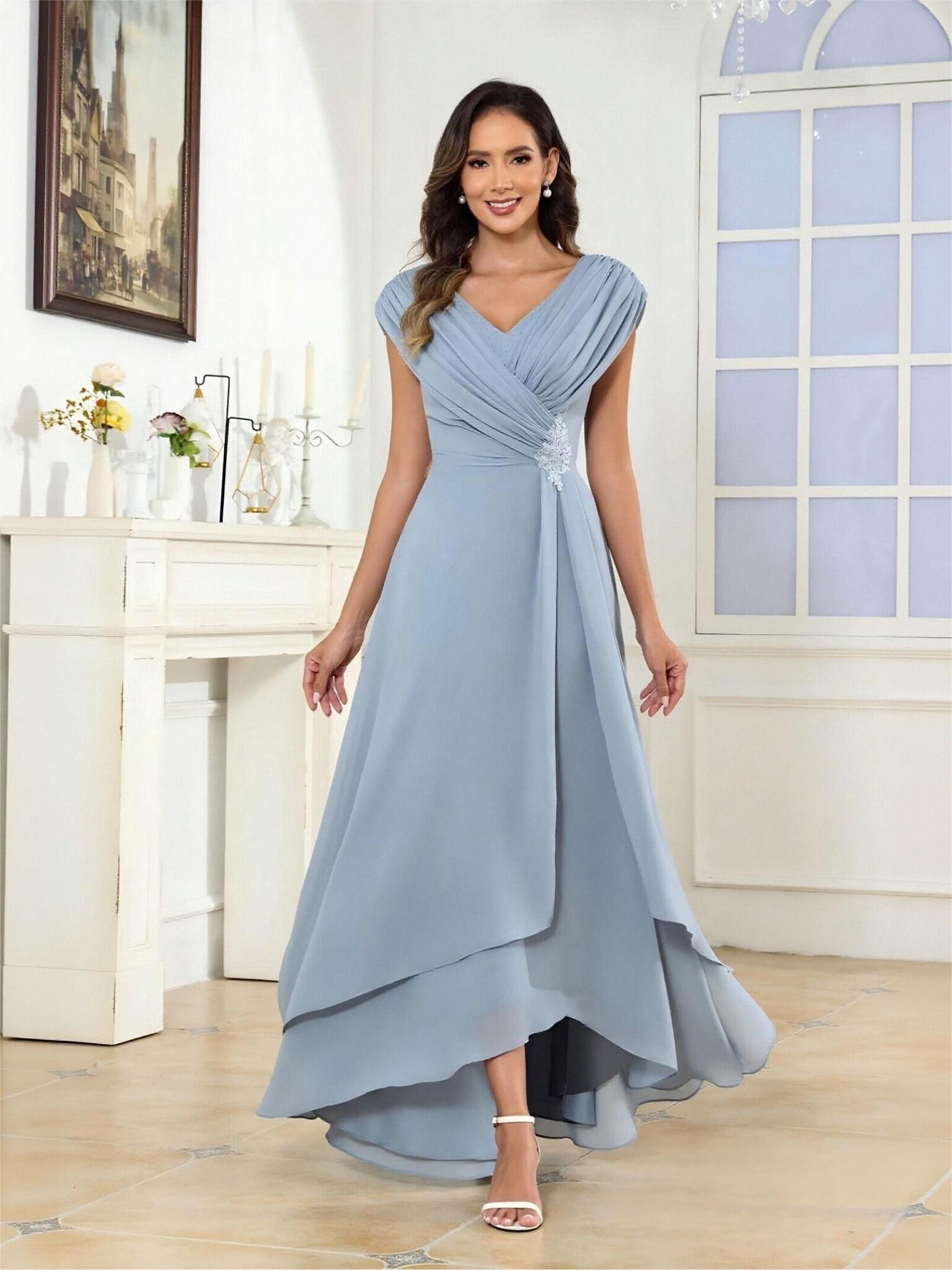 A Line V Neck Pleated Chiffon Mother of the Bride Dresses