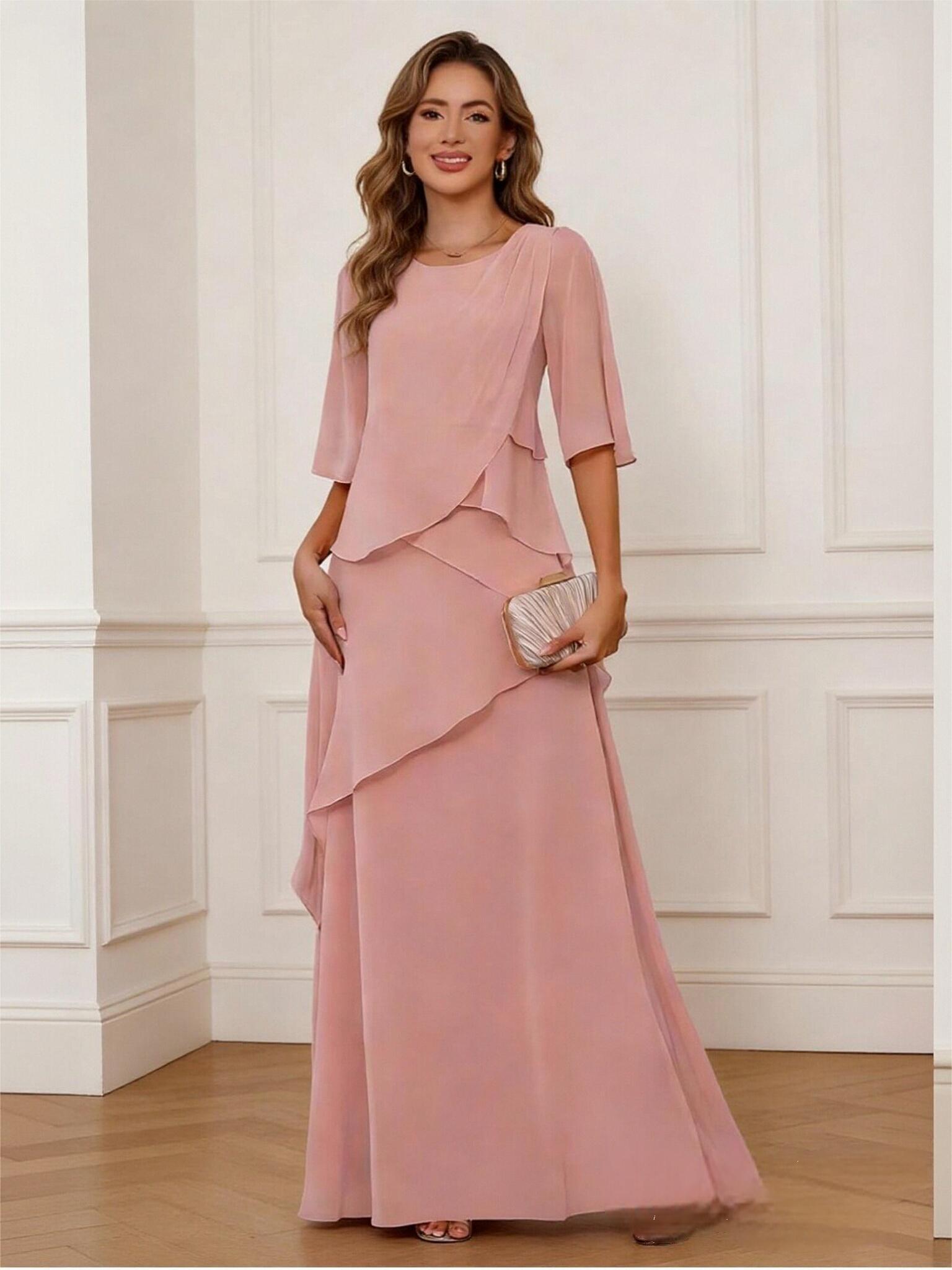 A Line Short Sleeve Chiffon Mother of the Bride Dresses