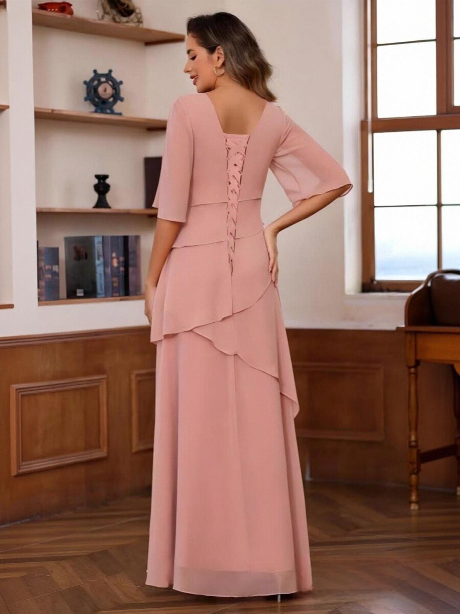 A Line Short Sleeve Chiffon Mother of the Bride Dresses