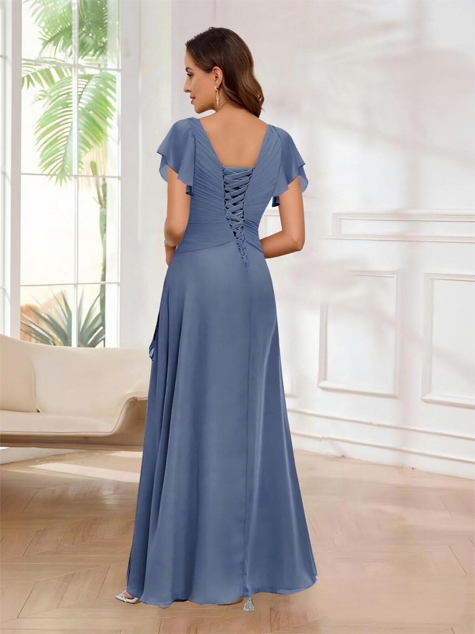 V Neck Pleated Chiffon Mother of the Bride Dresses