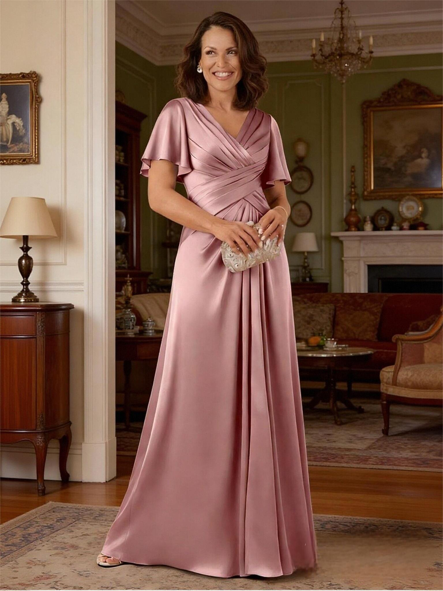 V Neck Short Sleeve Pleated Stain Mother of the Bride Dresses