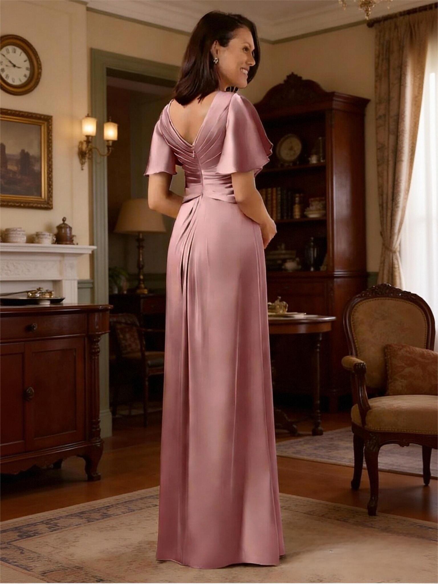 V Neck Short Sleeve Pleated Stain Mother of the Bride Dresses