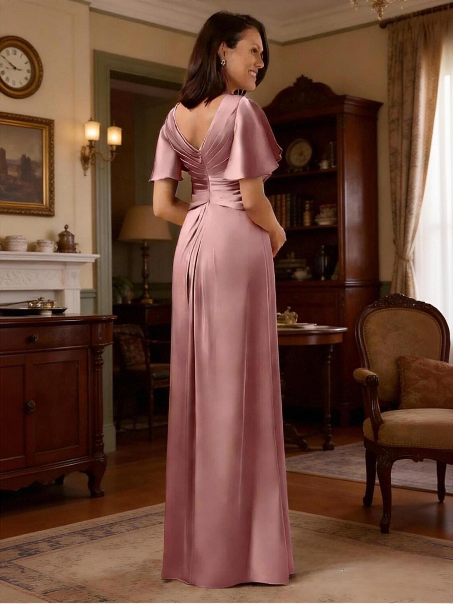 V Neck Short Sleeve Pleated Stain Mother of the Bride Dresses