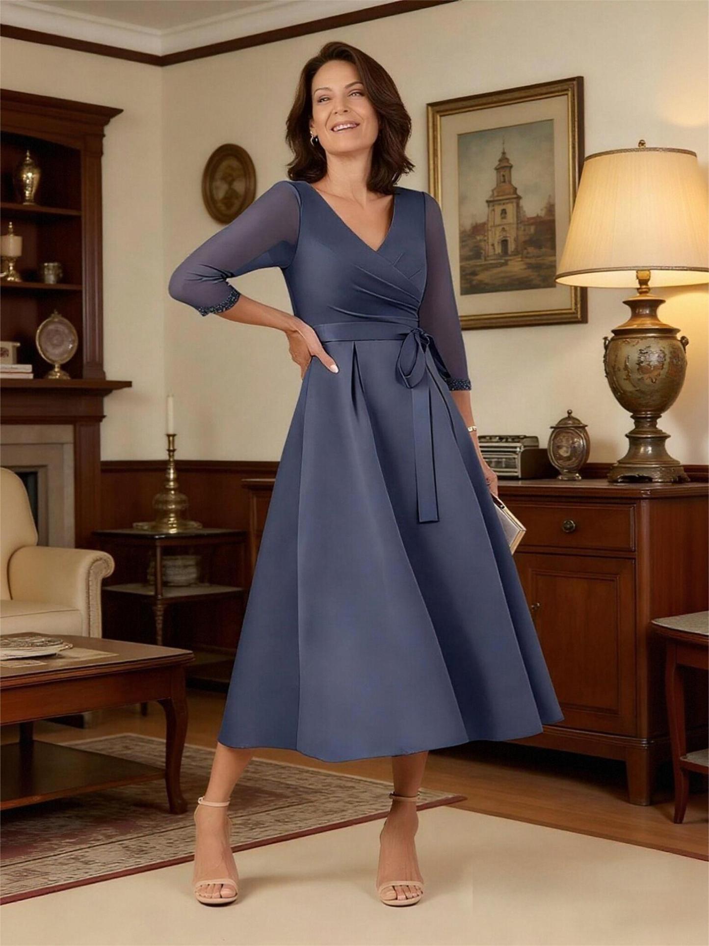 V Neck Satin Mother of the Bride Dresses with Pockets