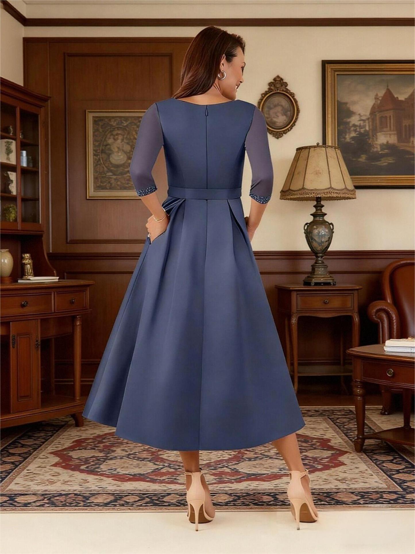 V Neck Satin Mother of the Bride Dresses with Pockets