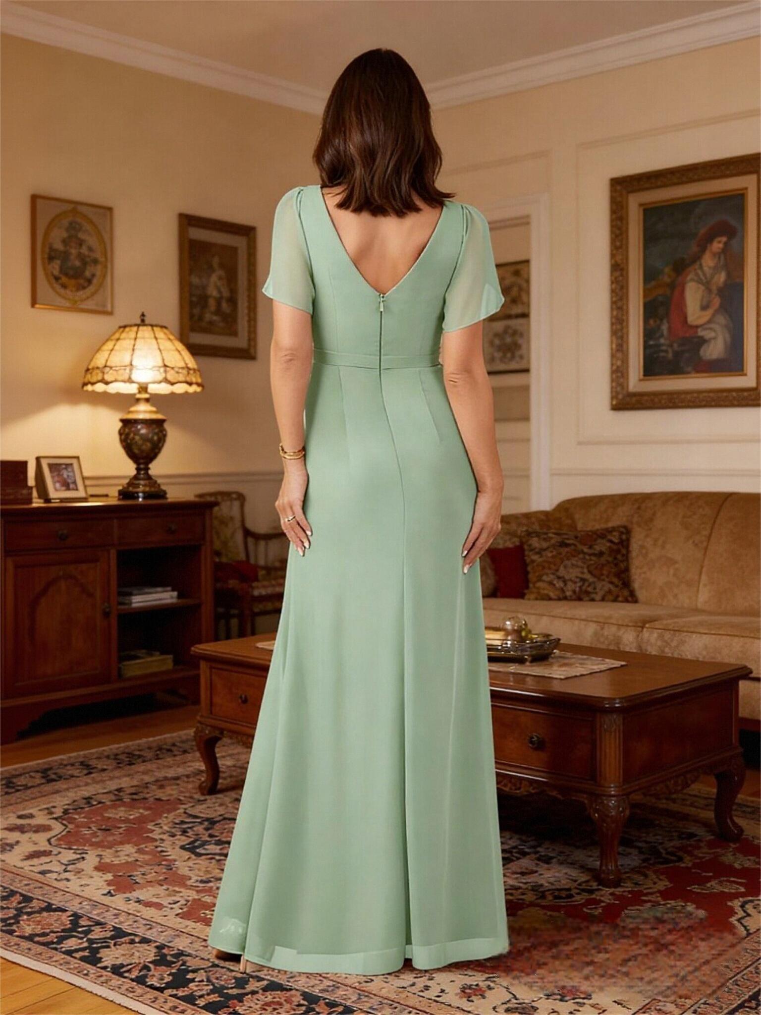 Short Sleeves Chiffon Mother of the Bride Dresses Slit