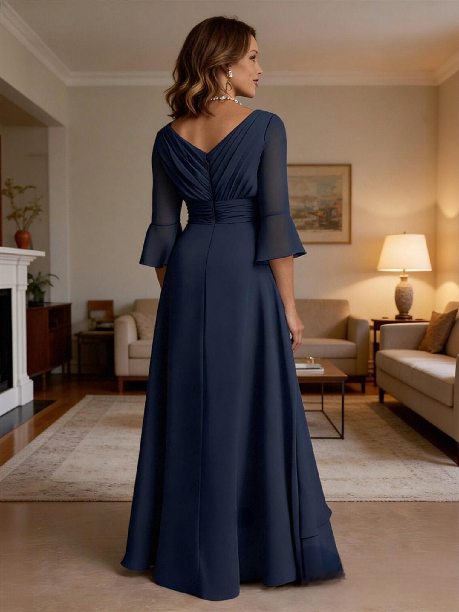 V Neck Pleated Chiffon Mother of the Bride Dresses with Slit