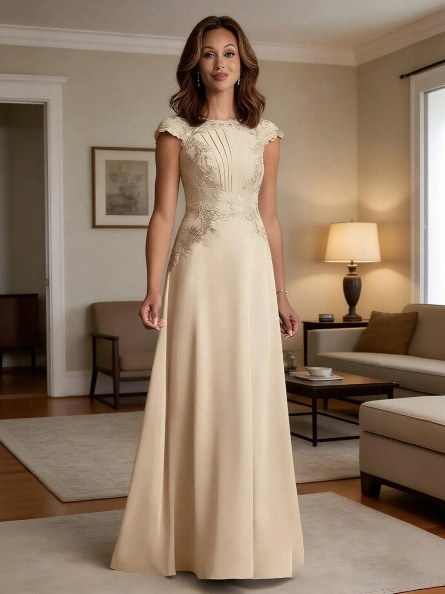 Cape Sleeves Pleated Chiffon Mother of the Bride Dresses