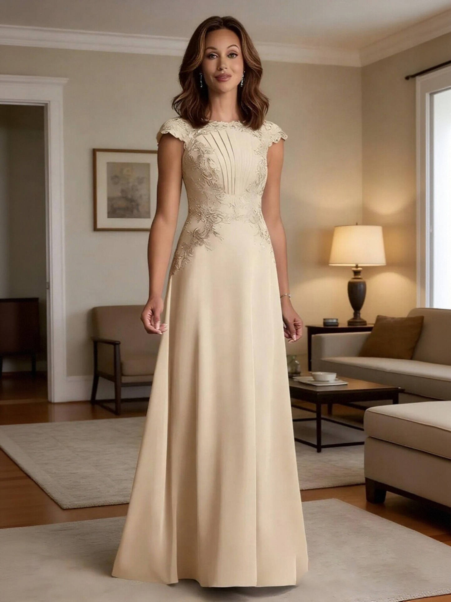 Cape Sleeves Pleated Chiffon Mother of the Bride Dresses