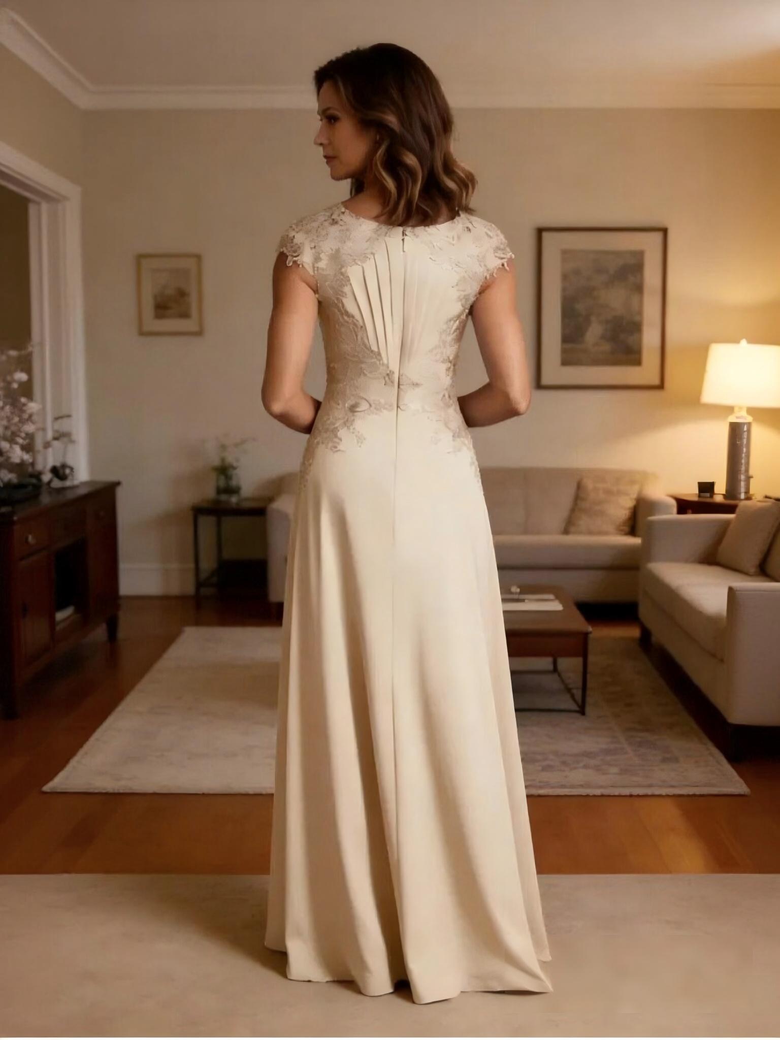 Cape Sleeves Pleated Chiffon Mother of the Bride Dresses