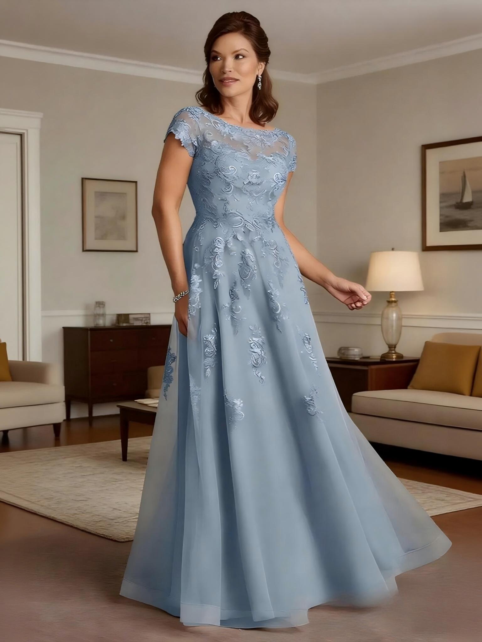 Short Sleeves Appliques Chiffon Mother of the Bride Dresses