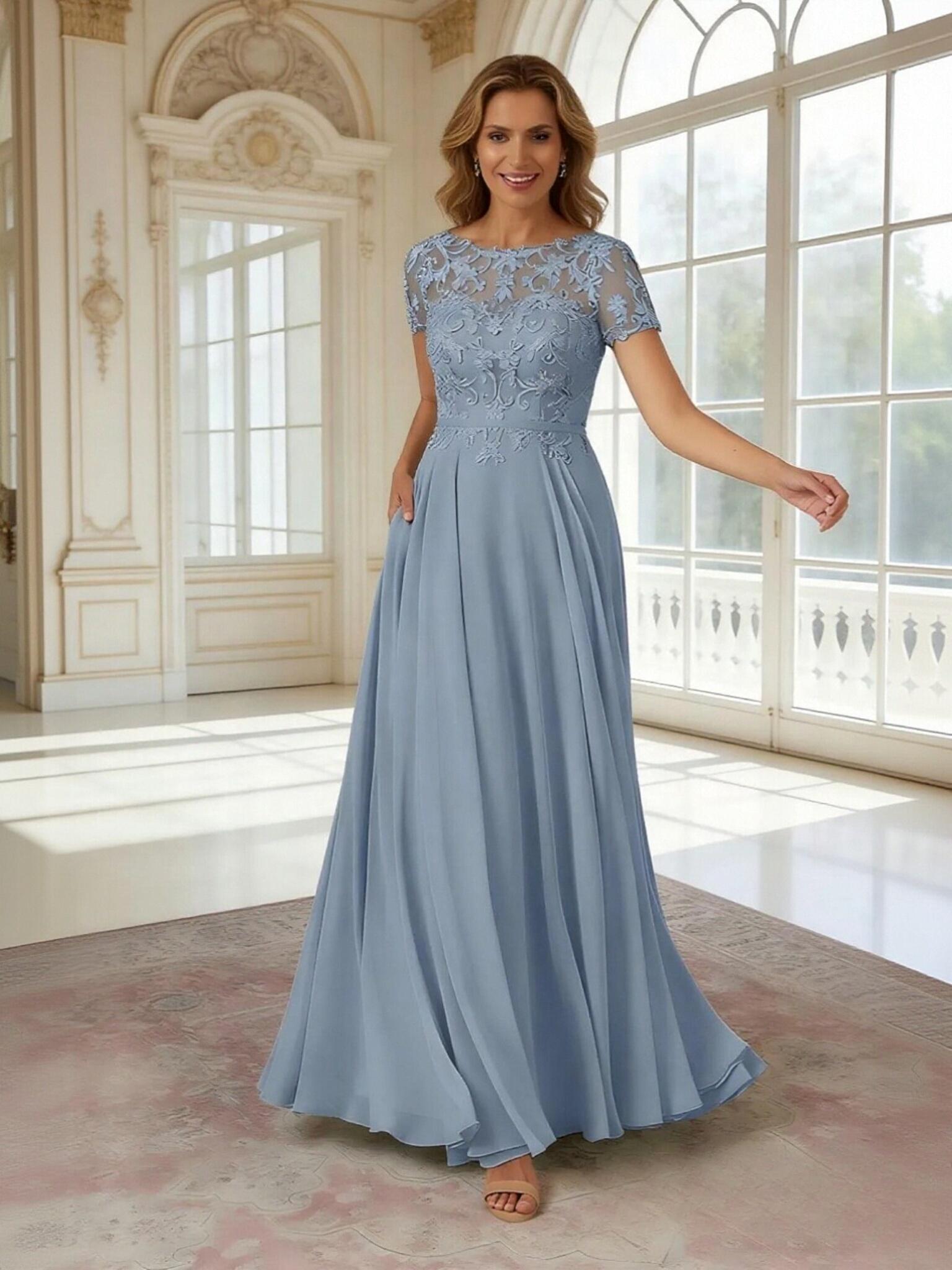 Short Sleeves Chiffon Mother of the Bride Dresses Appliques