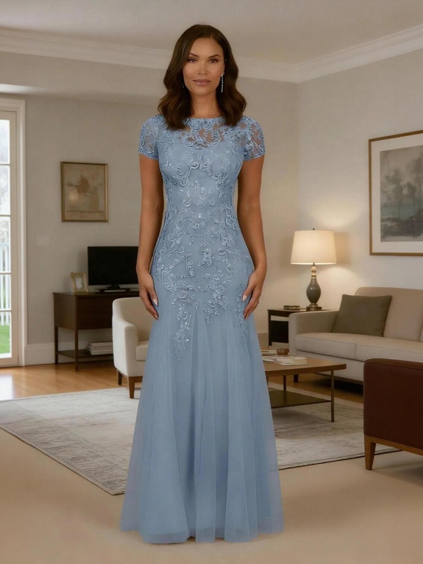 Short Sleeves Appliques Chiffon Mother of the Bride Dresses